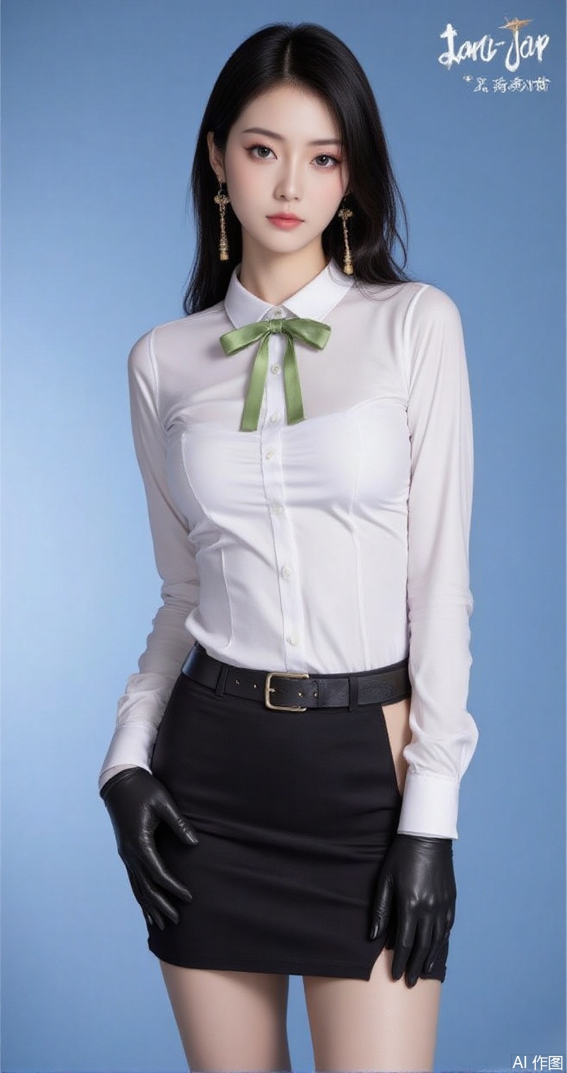 baoshi,lvjing,xiaomei,pifu,black hair,long hair,grey eyes,fair_skin,earrings,jewelry,1girl,solo,earrings,gloves,jewelry,breasts,skirt,shirt,large breasts,looking at viewer,white shirt,belt,pencil skirt,black gloves,simple background,alternate costume,black skirt,green ribbon,long sleeves,lips,blue background,ribbon,collared shirt,side slit,4,cover,simple background,gradient background,close-up details,outstanding style,adding a touch of dimension to your images without compromising details,close-up,