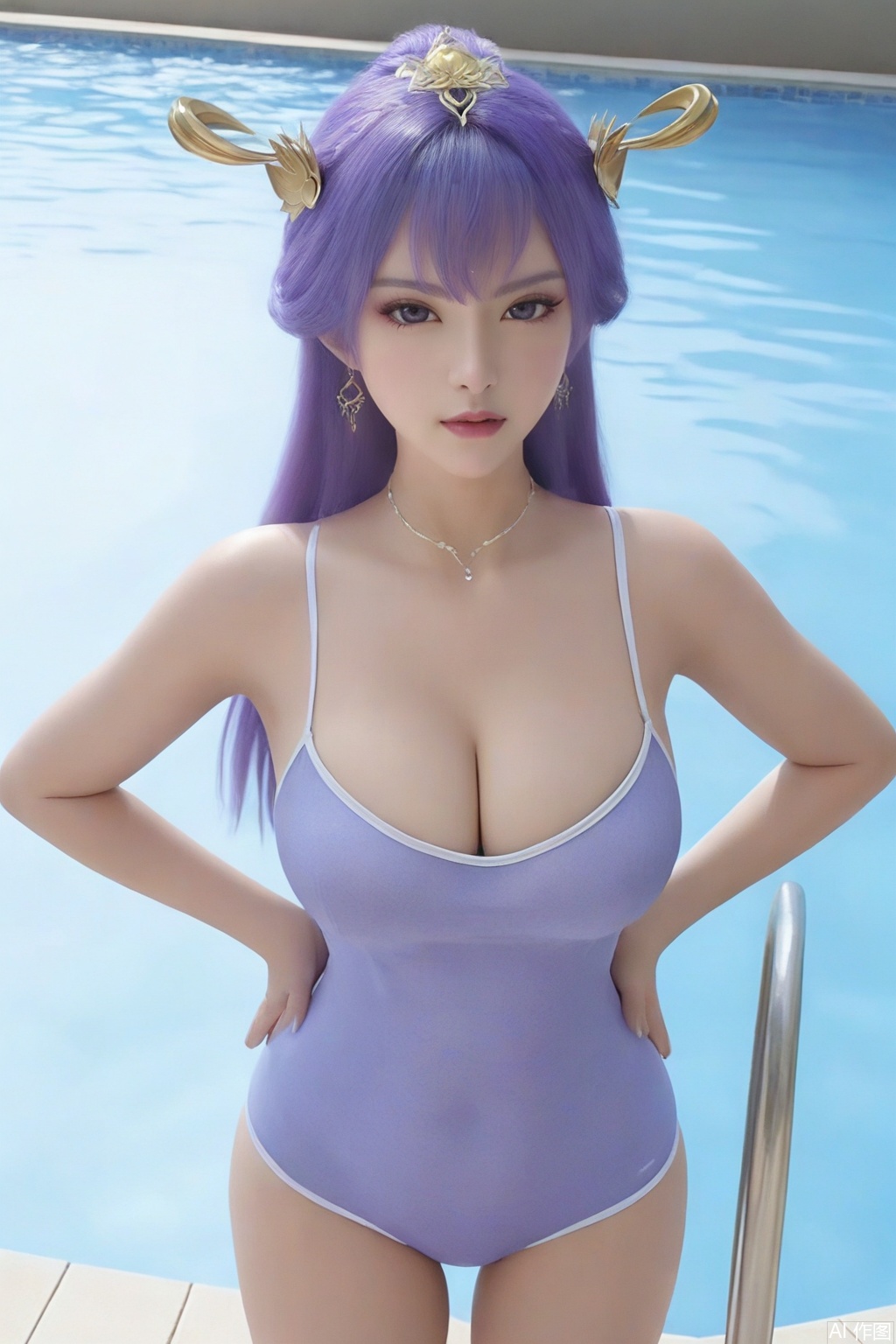score_9,,1girl,solo,long hair,hair ornament,large breasts,cleavage, one_piece swimsuit,standing,swimming_pool,water,looking at viewer,One-piece camisole,purple hair,sunlight,TuanQiong