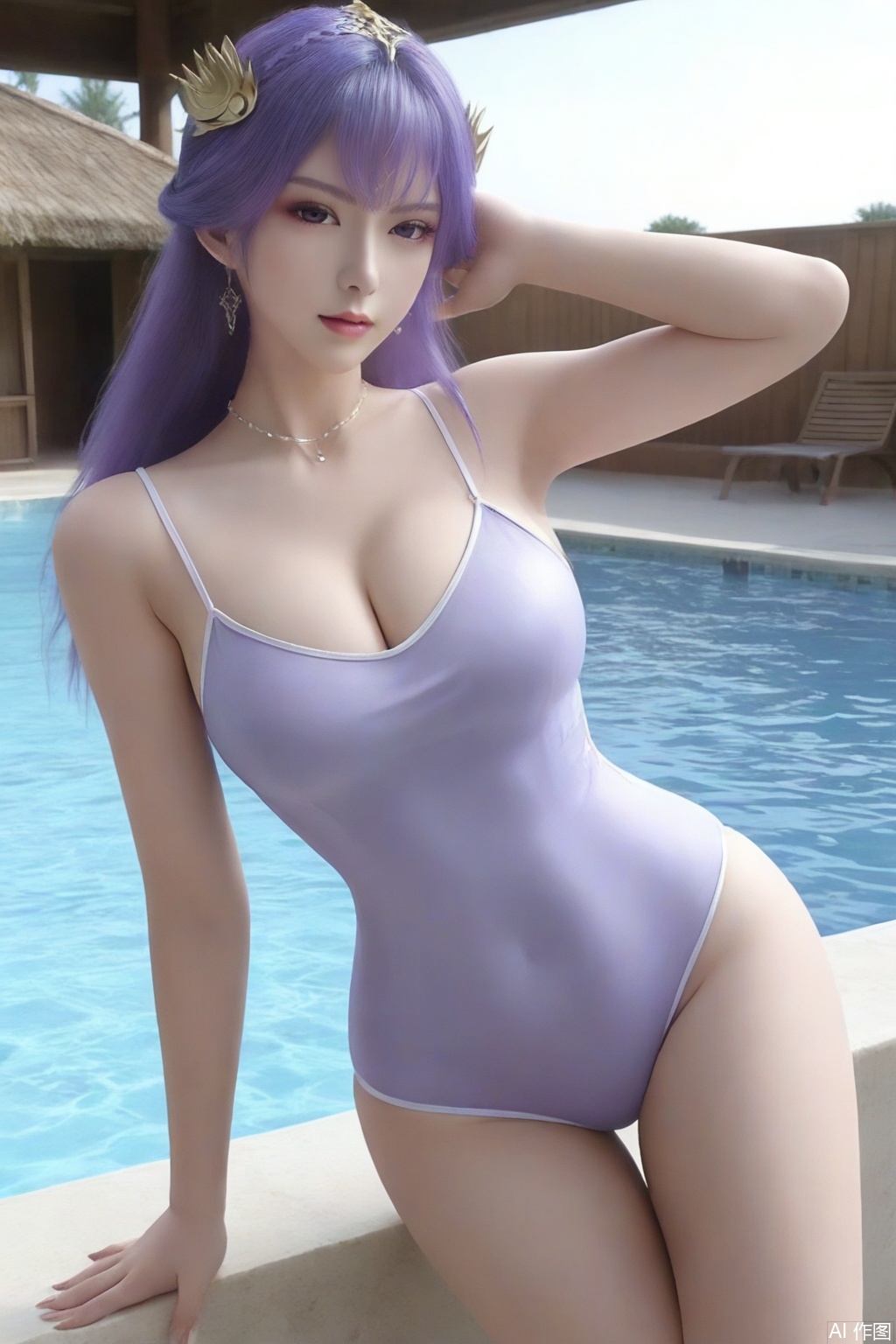 score_9,,1girl,solo,long hair,hair ornament,large breasts,cleavage, one_piece swimsuit,standing,swimming_pool,water,looking at viewer,One-piece camisole,purple hair,sunlight,TuanQiong