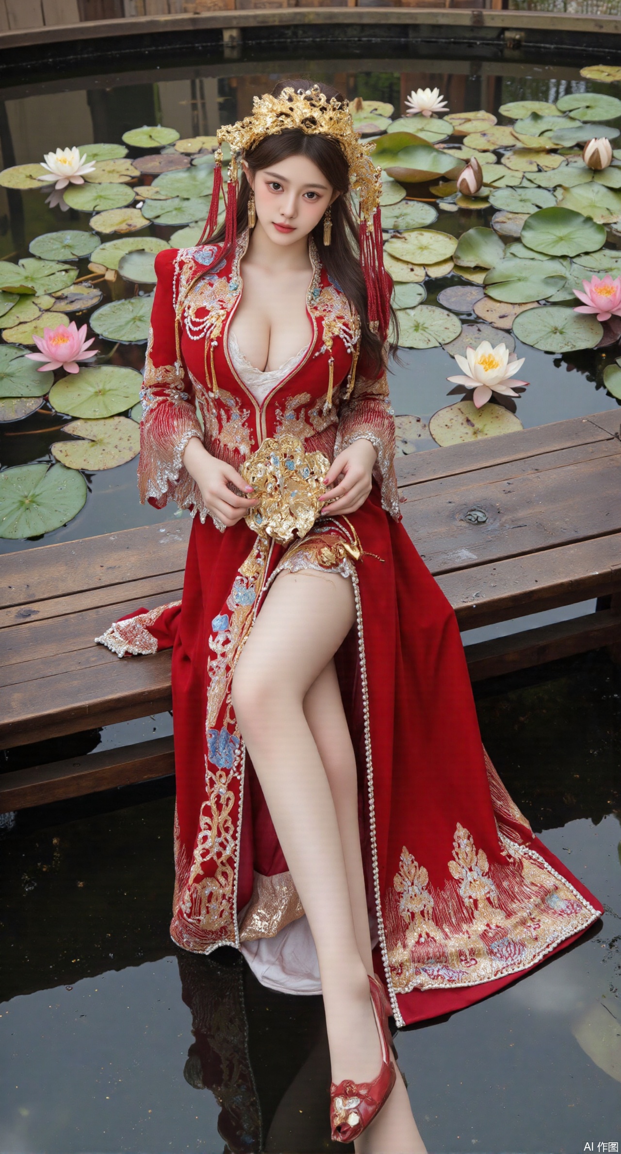  (masterpiece:1.2),best quality,The image is a digital illustration of a young woman sitting on a wooden bench in a pond with lily pads. She is wearing a long dress with design on the chest and sleeves. The dress has a high neckline and short sleeves,Holding a lotus in hand. She has long dark hair styled in loose waves and is wearing gold high heels. The woman is posing with one hand on her hip and the other resting on the edge of the bench. The background is filled with pink and white lotus flowers and green leaves. The overall mood of the image is peaceful and serene,(huge breasts:2.99),(full breasts:2.99),(Background with traditional Chinese architecture,Pond, water lilies:1.39),,XzhihuaX,Xleidianjiangjun,Xyuenanaodai,XmeiningSMW,XhaiyuejiCosplay,Xyoulingniang,XbachongshenziCOS,XjiaodaiqunDHL,Xshuilian,Xhujiaoer,XshanhugongxinhaiCOS,XshengcaierX2,Xxiuhefu,Xsiyudan,XjiangchenY,XyouqianxueK