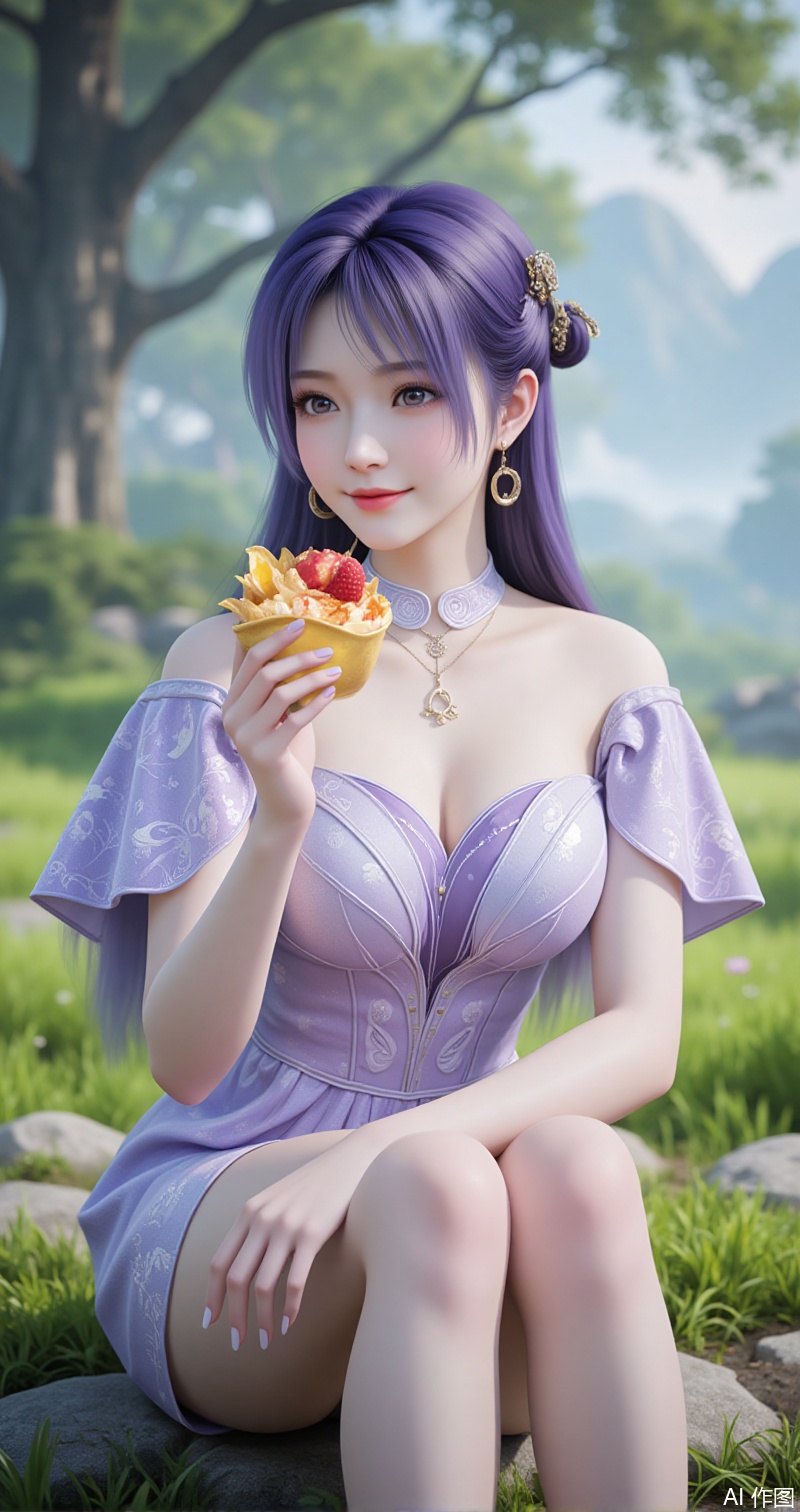 luxueqi,lvjing,jiziyue,
1girl,food,jewelry,dress,solo,purple dress,purple hair,grass,hair ornament,outdoors,holding food,earrings,tree,realistic,holding,rock,long hair,necklace,2,cover,gradient background,close-up details,outstanding style,adding a touch of dimension to your images without compromising details,close-up