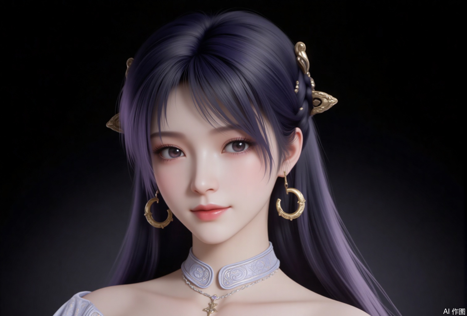 luxueqi,lvjing,jiziyue,
1girl,solo,jewelry,hair ornament,earrings,black background,long hair,crescent,realistic,bare shoulders,crescent earrings,hair rings,portrait,closed mouth,black hair,dress,simple background,detached collar,upper body,lips,purple hair,white dress,necklace,6,cover,gradient background,close-up details,outstanding style,adding a touch of dimension to your images without compromising details,close-up,