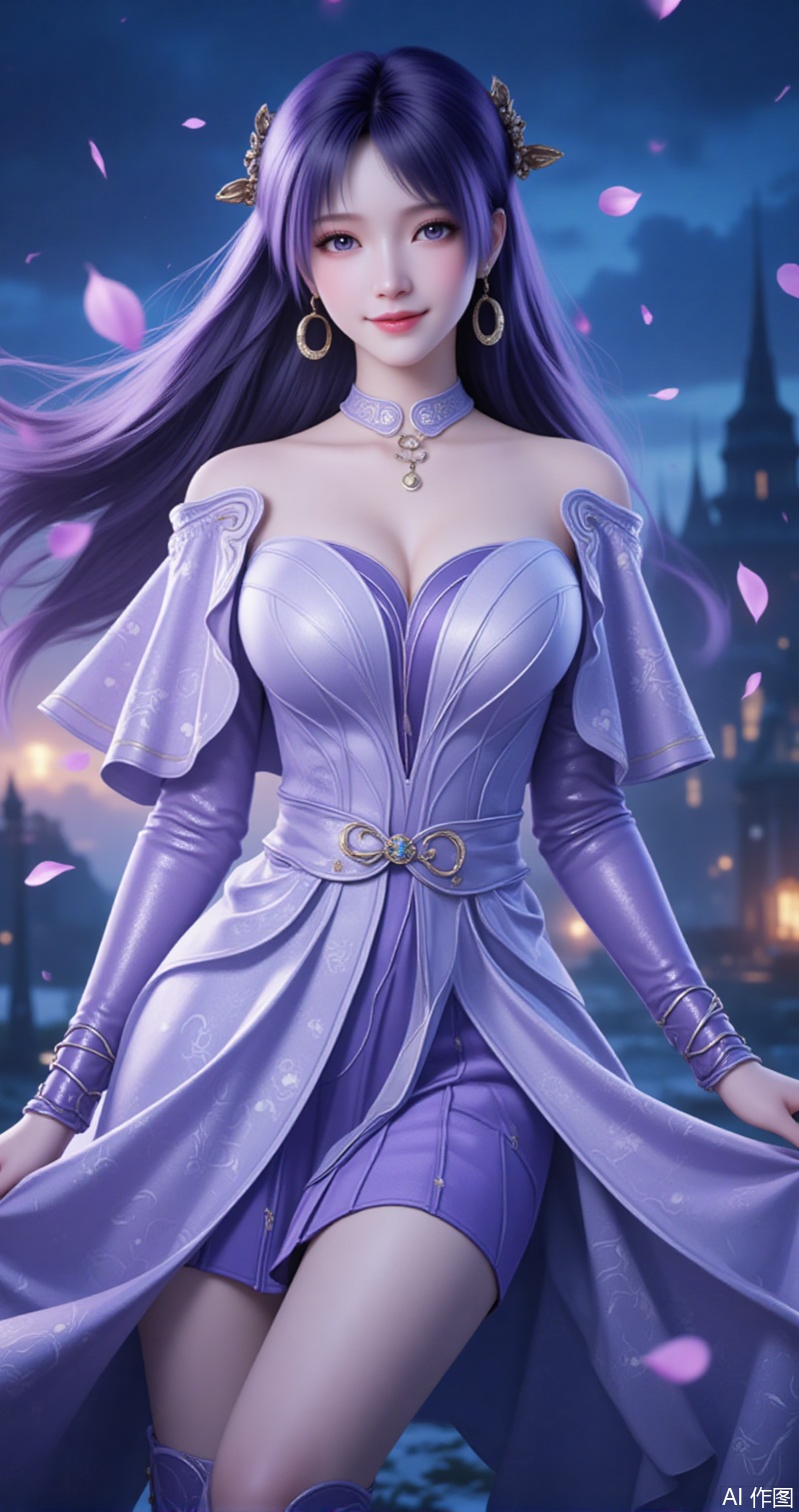 luxueqi,lvjing,jiziyue,
,1girl,solo,jewelry,earrings,dress,long hair,hair ornament,night,petals,purple dress,smile,falling petals,boots,looking at viewer,sky,purple hair,cover,gradient background,close-up details,outstanding style,adding a touch of dimension to your images without compromising details,close-up