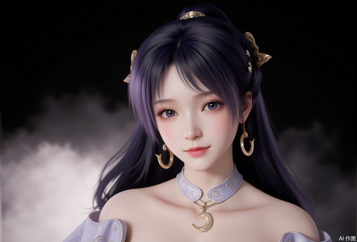 luxueqi,lvjing,jiziyue,
1girl,solo,jewelry,hair ornament,earrings,black background,long hair,crescent,realistic,bare shoulders,crescent earrings,hair rings,portrait,closed mouth,black hair,dress,simple background,detached collar,upper body,lips,purple hair,white dress,necklace,6,cover,gradient background,close-up details,outstanding style,adding a touch of dimension to your images without compromising details,close-up,