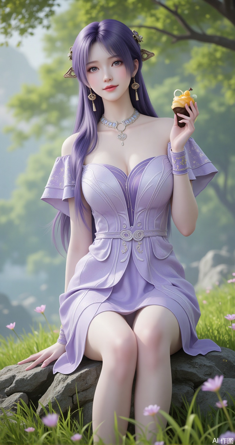 luxueqi,lvjing,jiziyue,
1girl,food,jewelry,dress,solo,purple dress,purple hair,grass,hair ornament,outdoors,holding food,earrings,tree,realistic,holding,rock,long hair,necklace,2,cover,gradient background,close-up details,outstanding style,adding a touch of dimension to your images without compromising details,close-up