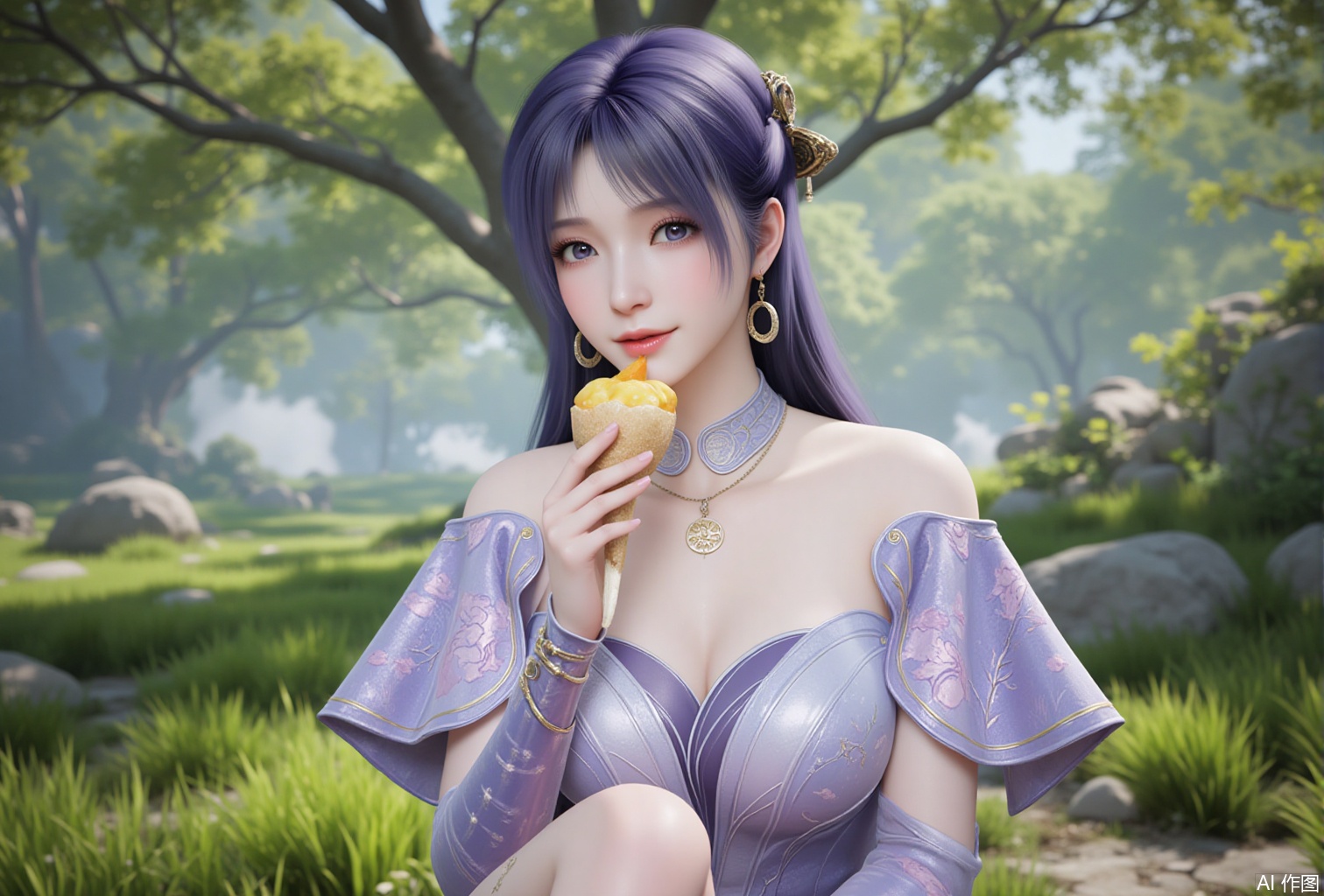 luxueqi,lvjing,jiziyue,
1girl,food,jewelry,dress,solo,purple dress,purple hair,grass,hair ornament,outdoors,holding food,earrings,tree,realistic,holding,rock,long hair,necklace,2,cover,gradient background,close-up details,outstanding style,adding a touch of dimension to your images without compromising details,close-up