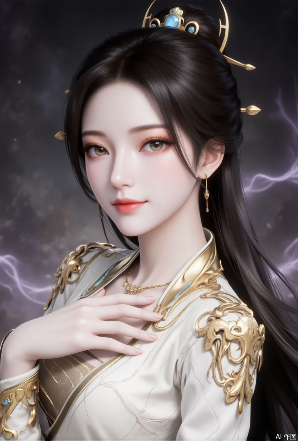 luxueqi,lvjing,yaoxi,
1girl,solo,hair ornament,long hair,dress,white dress,jewelry,necklace,upper body,black hair,long sleeves,closed mouth,realistic,hair bun,1,cover,gradient background,close-up details,outstanding style,adding a touch of dimension to your images without compromising details,close-up