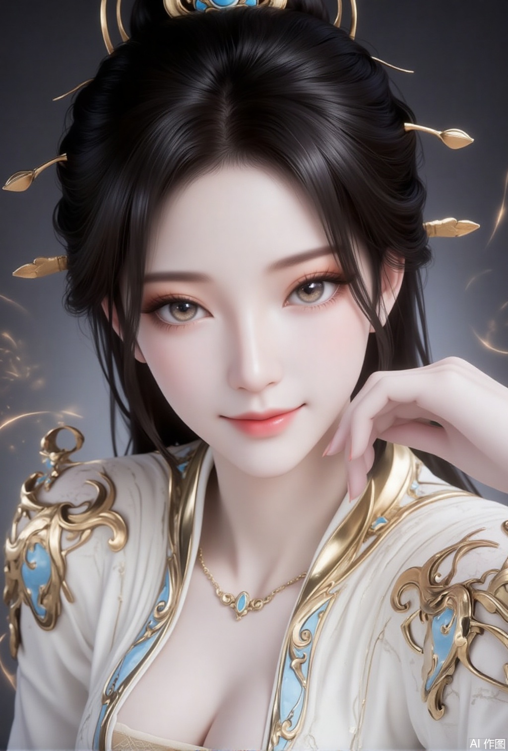 luxueqi,lvjing,yaoxi,
1girl,solo,hair ornament,long hair,dress,white dress,jewelry,necklace,upper body,black hair,long sleeves,closed mouth,realistic,hair bun,1,cover,gradient background,close-up details,outstanding style,adding a touch of dimension to your images without compromising details,close-up