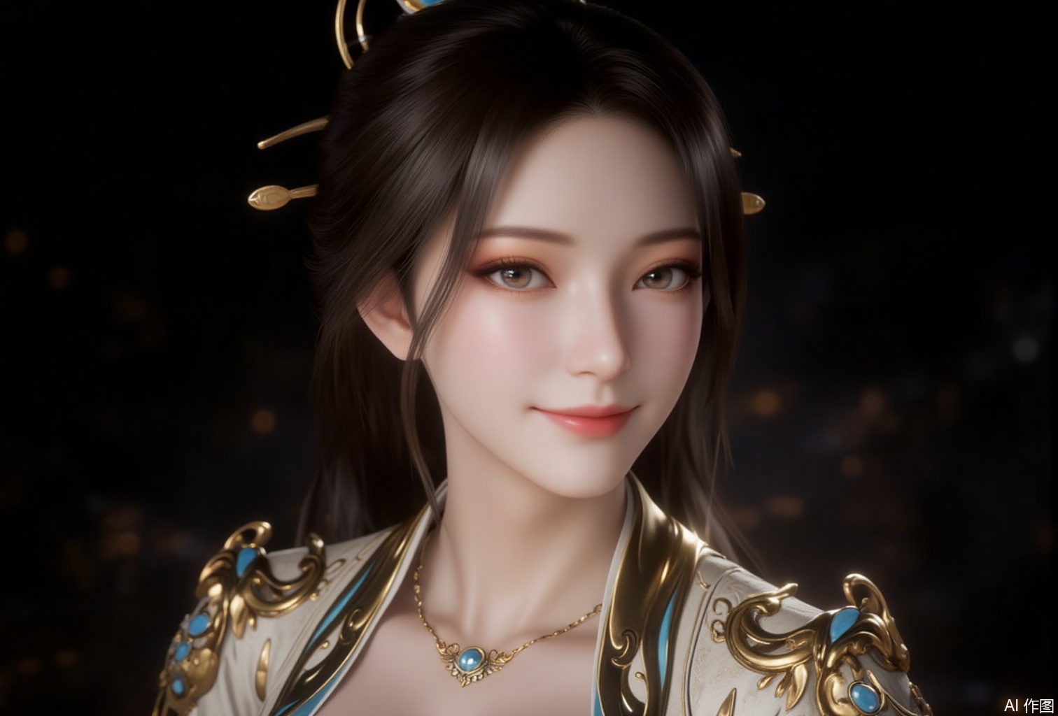 luxueqi,lvjing,yaoxi,
1girl,solo,jewelry,upper body,necklace,smile,hair ornament,looking at viewer,dress,closed mouth,realistic,brown hair,breasts,black hair,black background,long hair,chinese clothes,3,cover,gradient background,close-up details,outstanding style,adding a touch of dimension to your images without compromising details,close-up