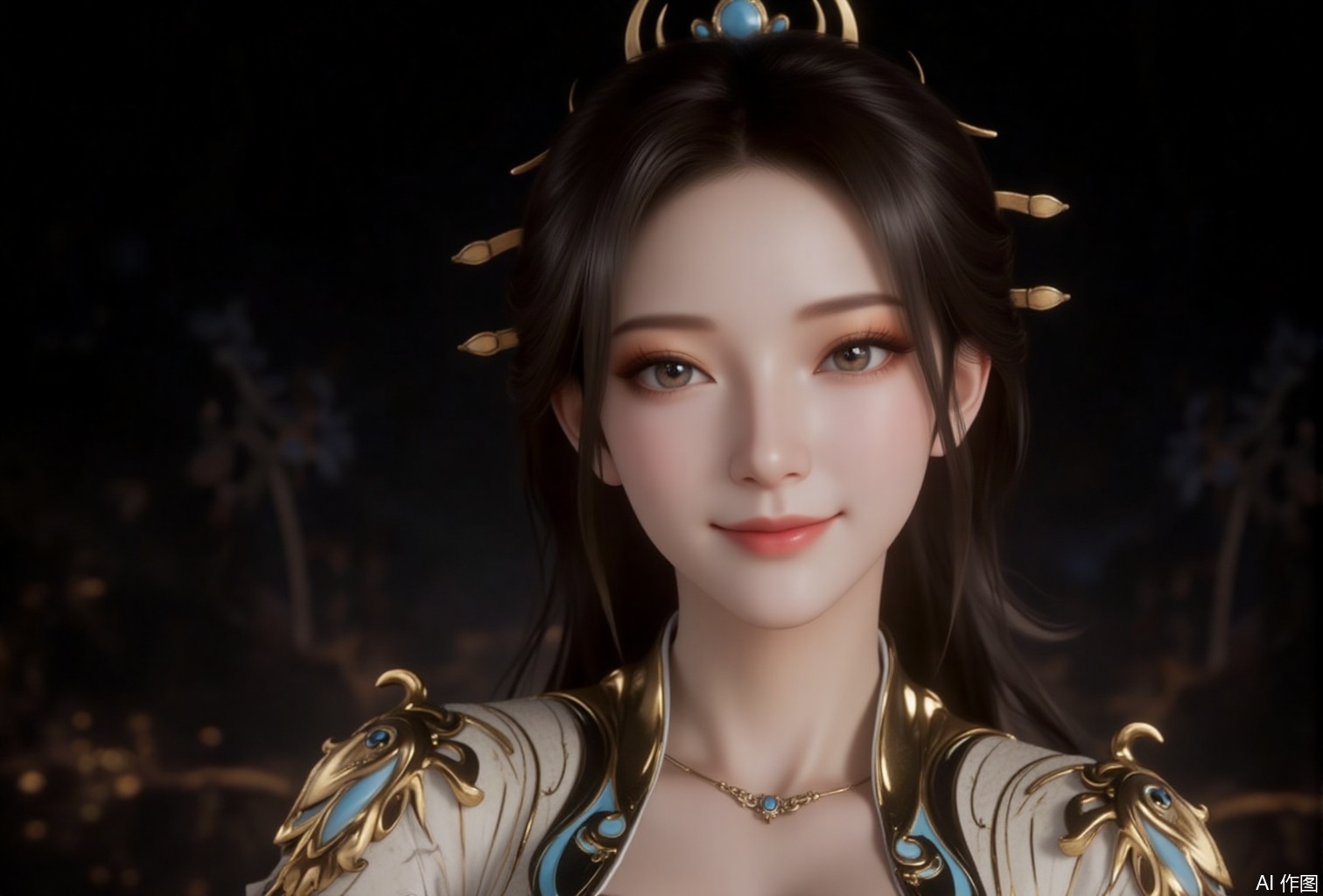 luxueqi,lvjing,yaoxi,
1girl,solo,jewelry,upper body,necklace,smile,hair ornament,looking at viewer,dress,closed mouth,realistic,brown hair,breasts,black hair,black background,long hair,chinese clothes,3,cover,gradient background,close-up details,outstanding style,adding a touch of dimension to your images without compromising details,close-up