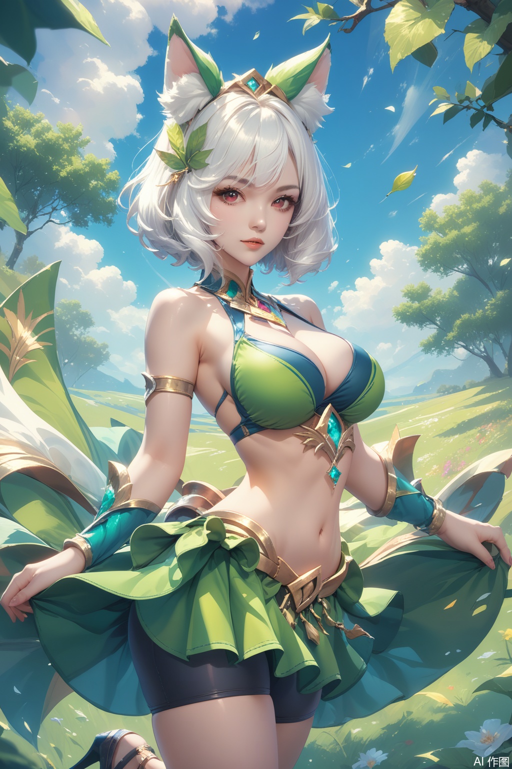score_9,score_8_up,score_7_up,1girl,solo,breasts,navel,cleavage,skirt,midriff,short hair,high heels,animal ears,bike shorts,large breasts,looking at viewer,red eyes,leaf,medium breasts,hair ornament,bare shoulders,grey eyes,swimsuit,armlet,bikini,white hair,bangs,gem,jewelry,green skirt, Face me,upper body,looking at viewer,in a meadow,in a meadow,
