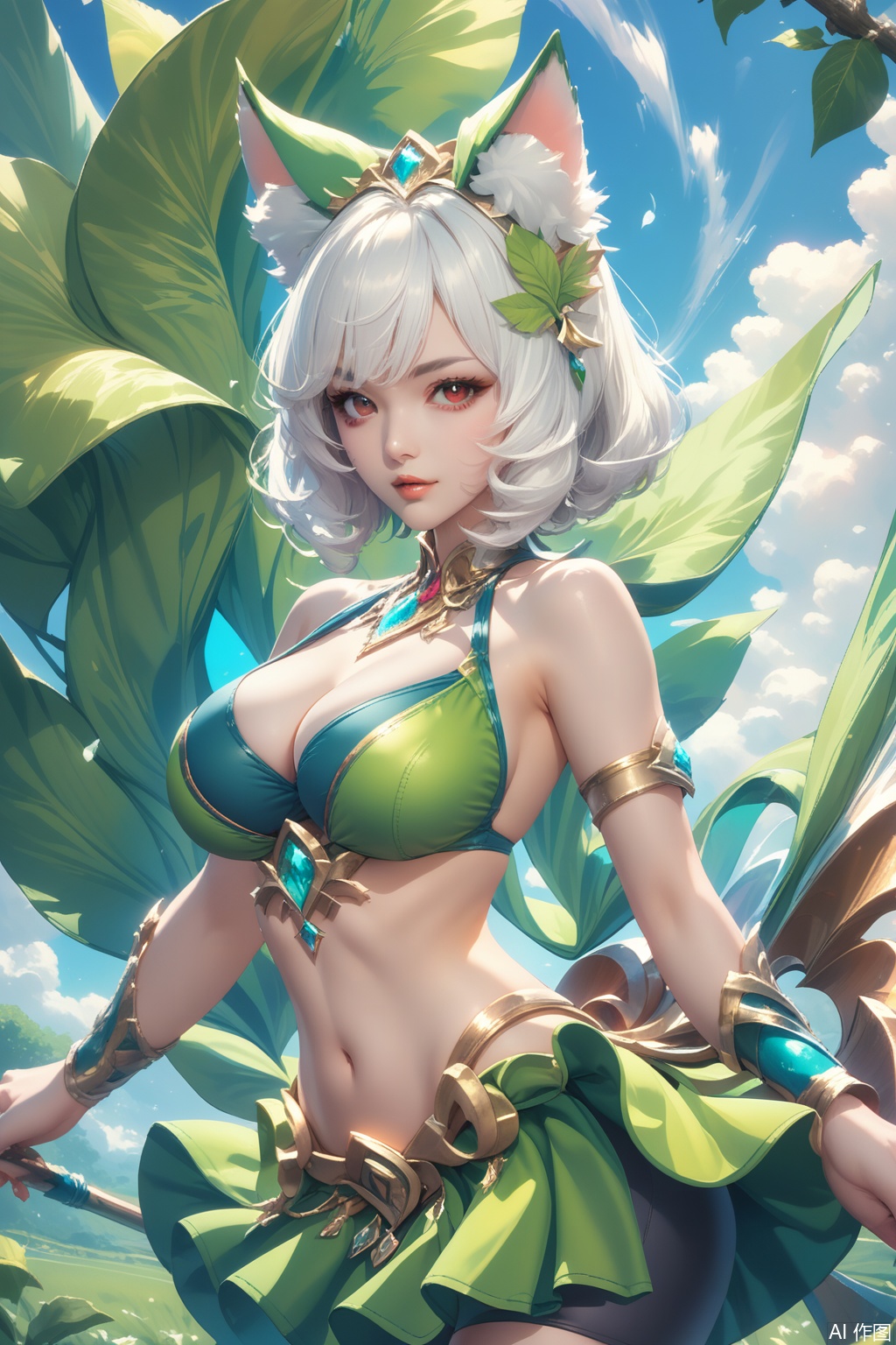score_9,score_8_up,score_7_up,1girl,solo,breasts,navel,cleavage,skirt,midriff,short hair,high heels,animal ears,bike shorts,large breasts,looking at viewer,red eyes,leaf,medium breasts,hair ornament,bare shoulders,grey eyes,swimsuit,armlet,bikini,white hair,bangs,gem,jewelry,green skirt, Face me,upper body,looking at viewer,in a meadow,in a meadow,