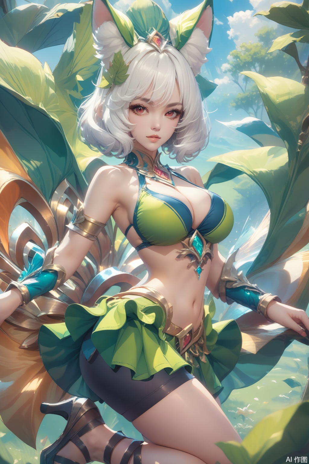 score_9,score_8_up,score_7_up,1girl,solo,breasts,navel,cleavage,skirt,midriff,short hair,high heels,animal ears,bike shorts,large breasts,looking at viewer,red eyes,leaf,medium breasts,hair ornament,bare shoulders,grey eyes,swimsuit,armlet,bikini,white hair,bangs,gem,jewelry,green skirt, Face me,upper body,looking at viewer,in a meadow,in a meadow,