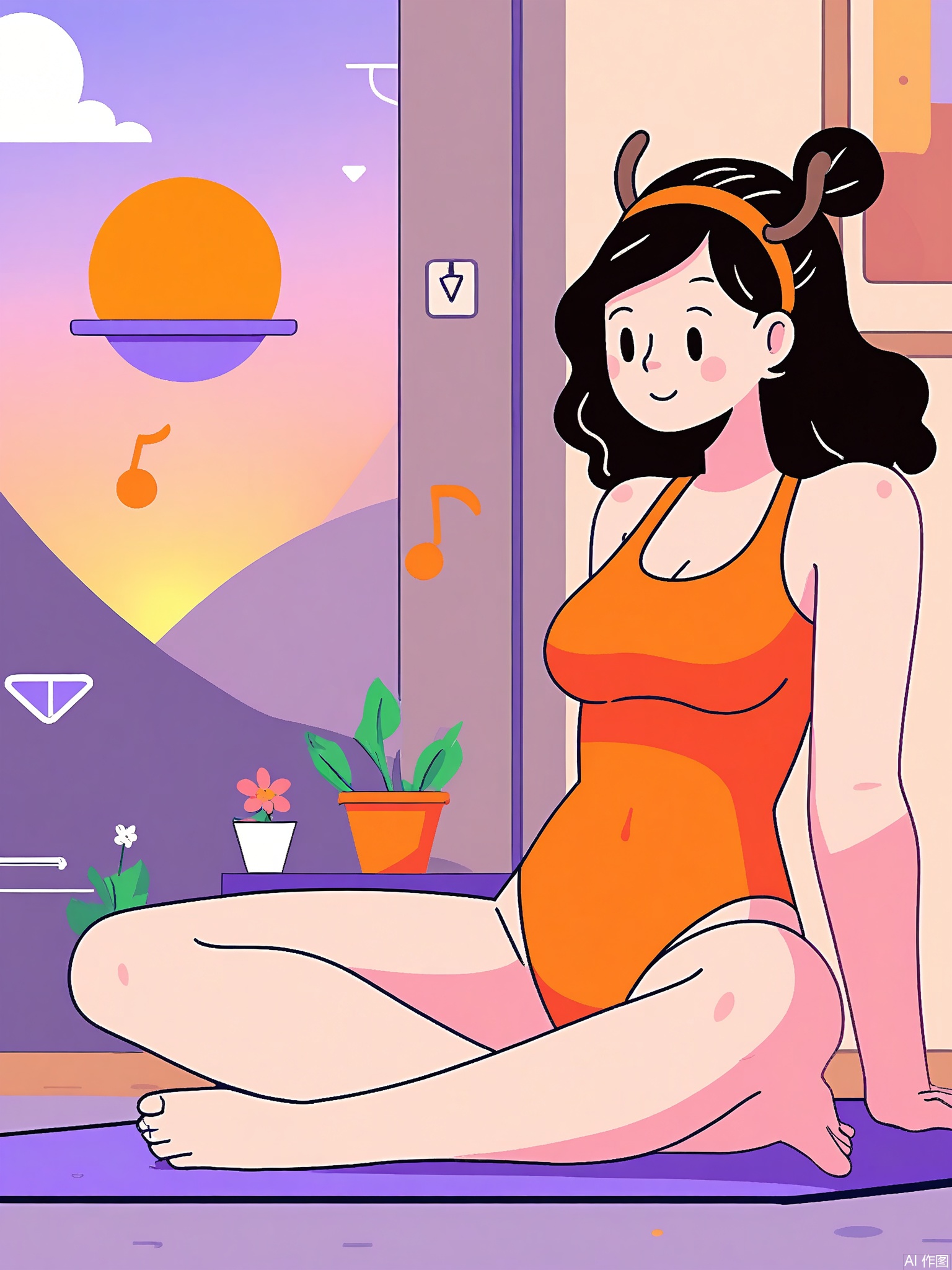 SLCH, A yoga instructor in a sunset-orange leotard meditates with a deer in lotus pose. The studio is a giant peach with a sky view of floating islands shaped like yoga mats.

