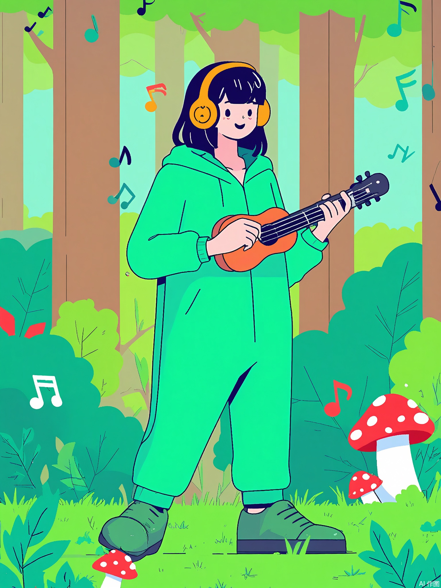 SLCH, A musician in a mint-green onesie plays a ukulele with a koala wearing headphones. They sit on a mushroom stage in a forest where trees have musical note leaves.
