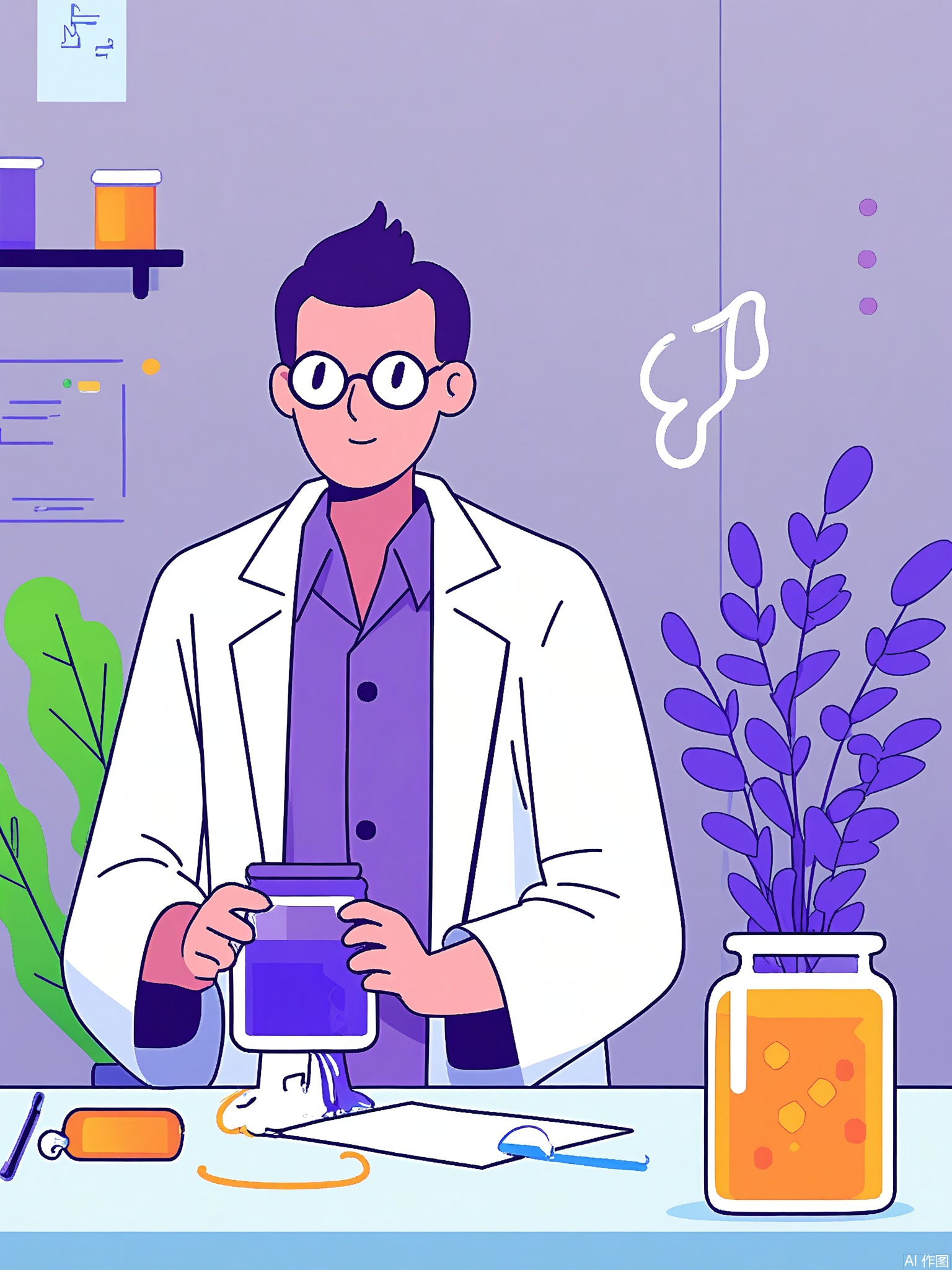 SLCH, A scientist in a lavender lab coat experiments with a glowing firefly in a jar. The lab has walls made of honeycomb and beakers bubbling with stardust.
