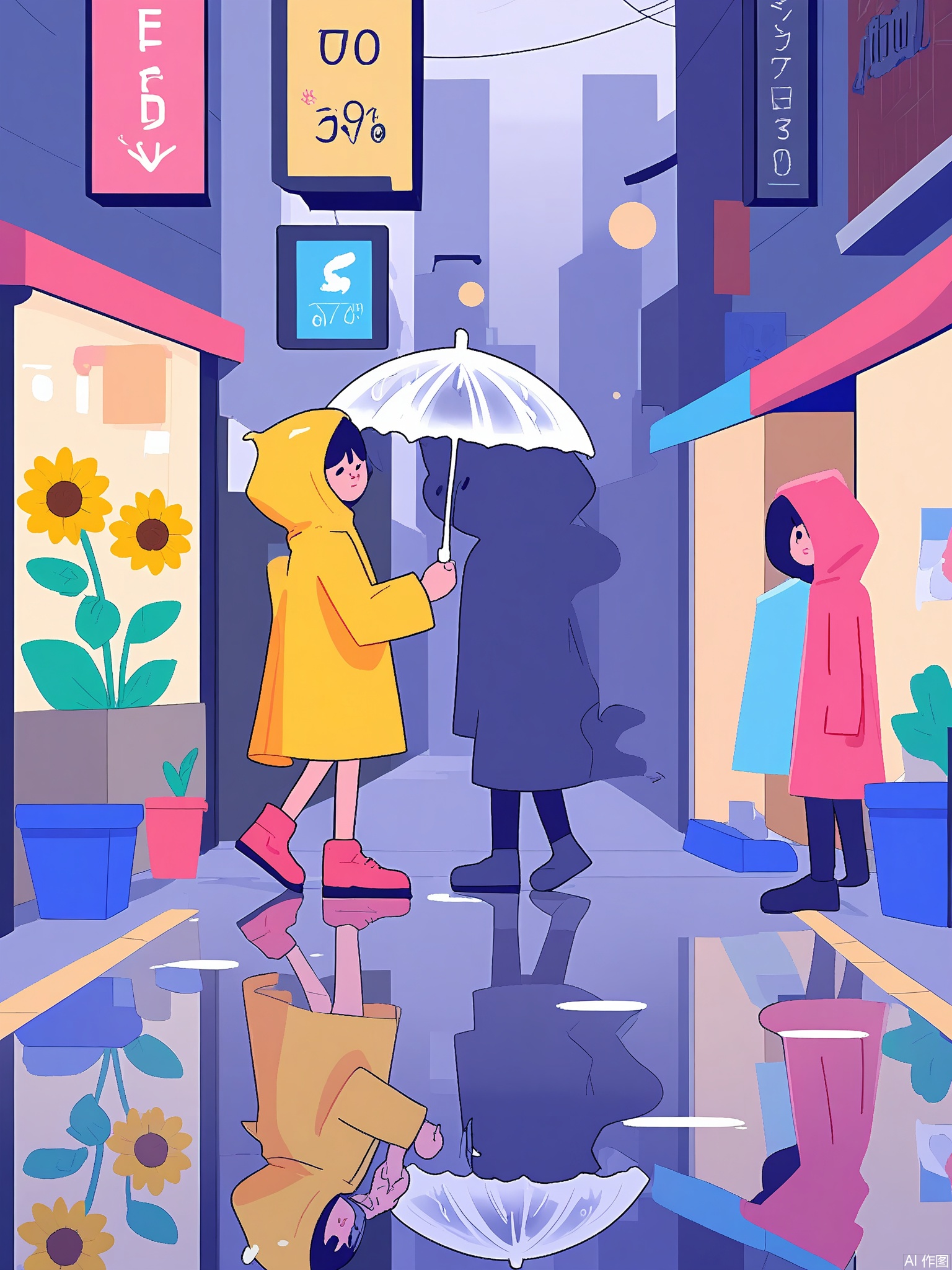 SLCH, A child with a sunflower-yellow raincoat dances with a translucent jellyfish in a rainy alley. Puddles reflect neon signs shaped like animals, and umbrellas bloom like flowers overhead.

