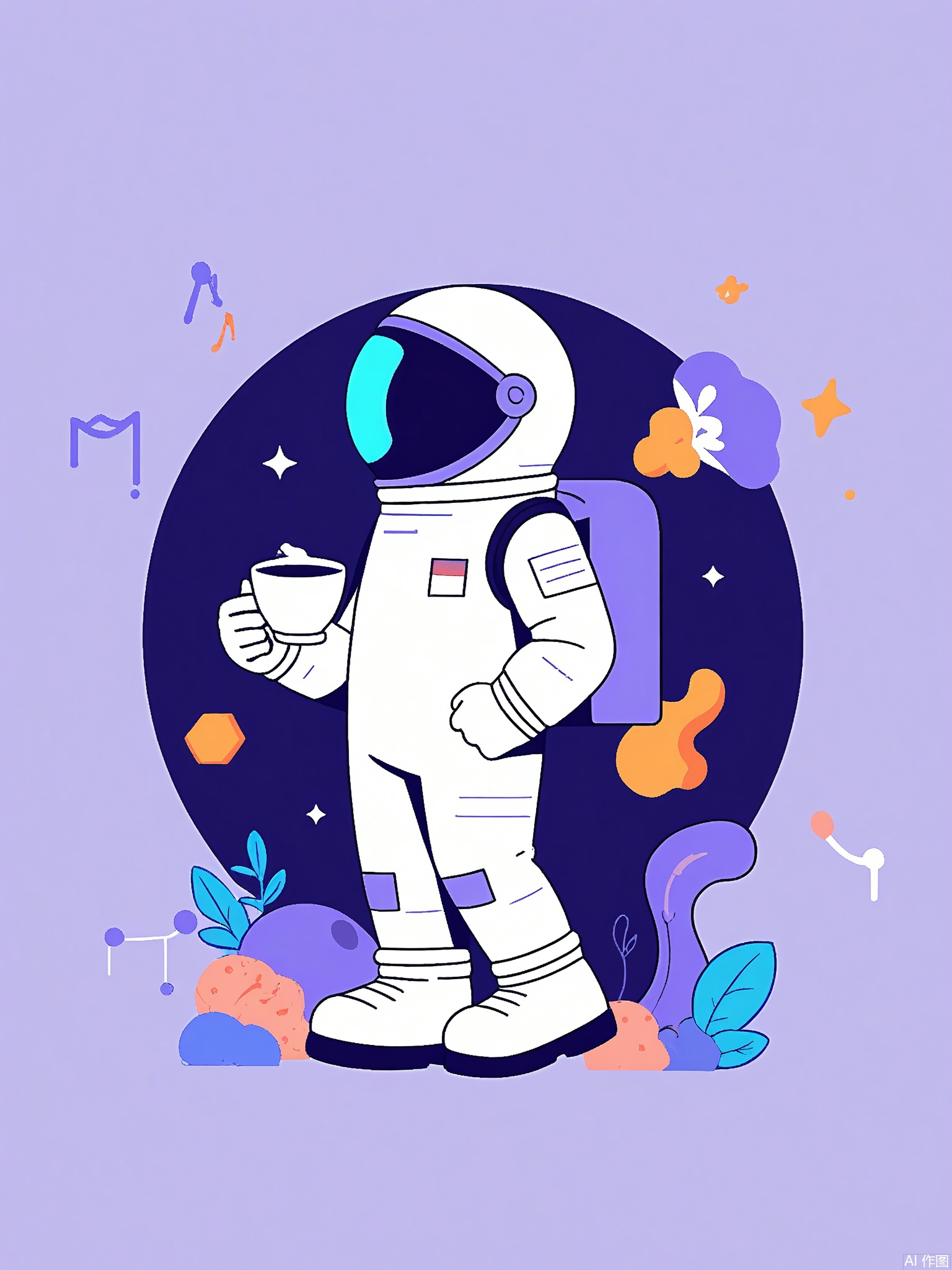 SLCH, A astronaut in a pastel-purple spacesuit floats with a glowing alien octopus. The cosmic background features constellations shaped like cookies and a spaceship shaped like a teacup.

