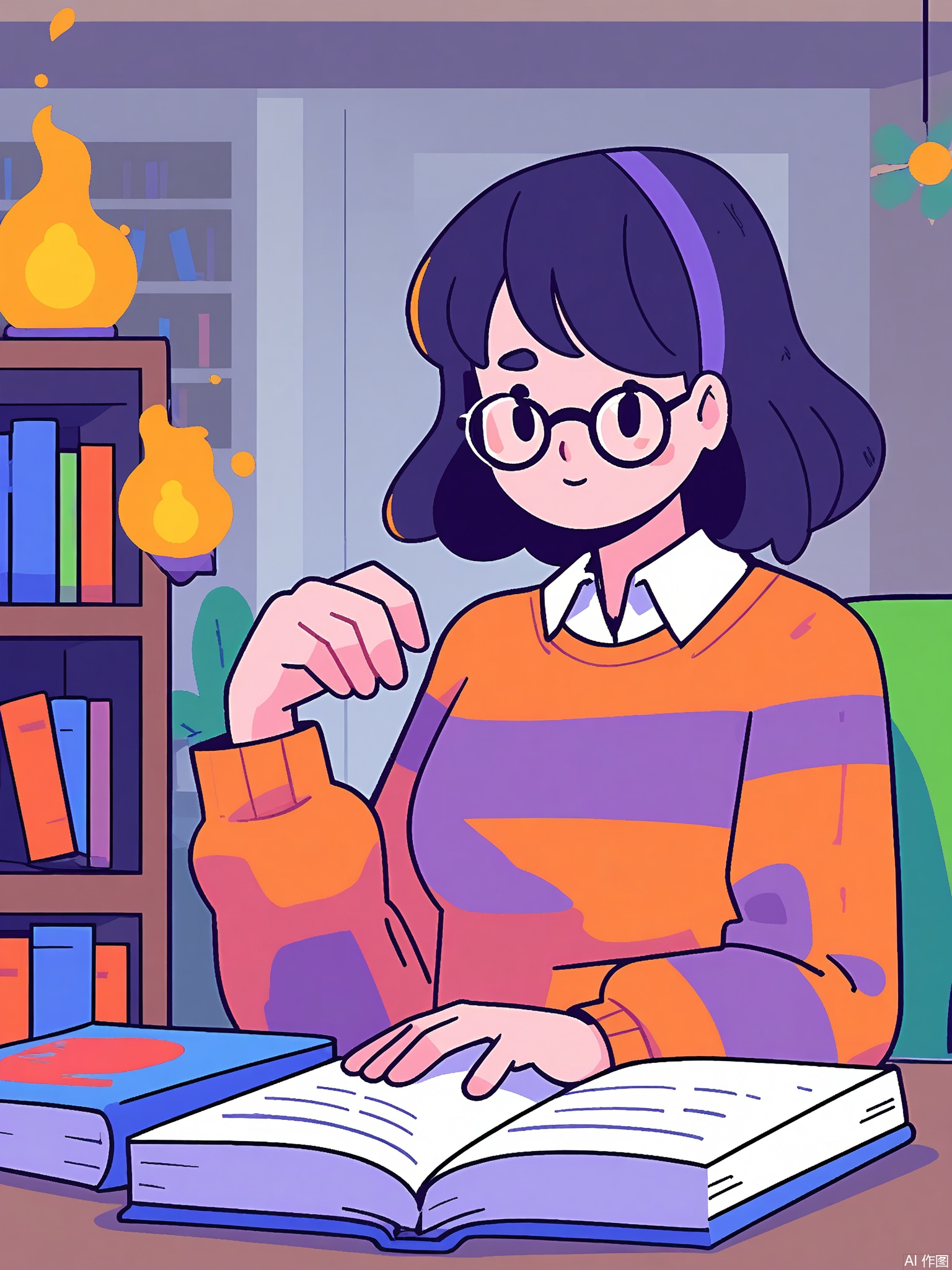 SLCH, A librarian in a peach-colored sweater shelves books with a cat wearing tiny glasses. The library has staircases made of open books and chandeliers of glowing orbs.

