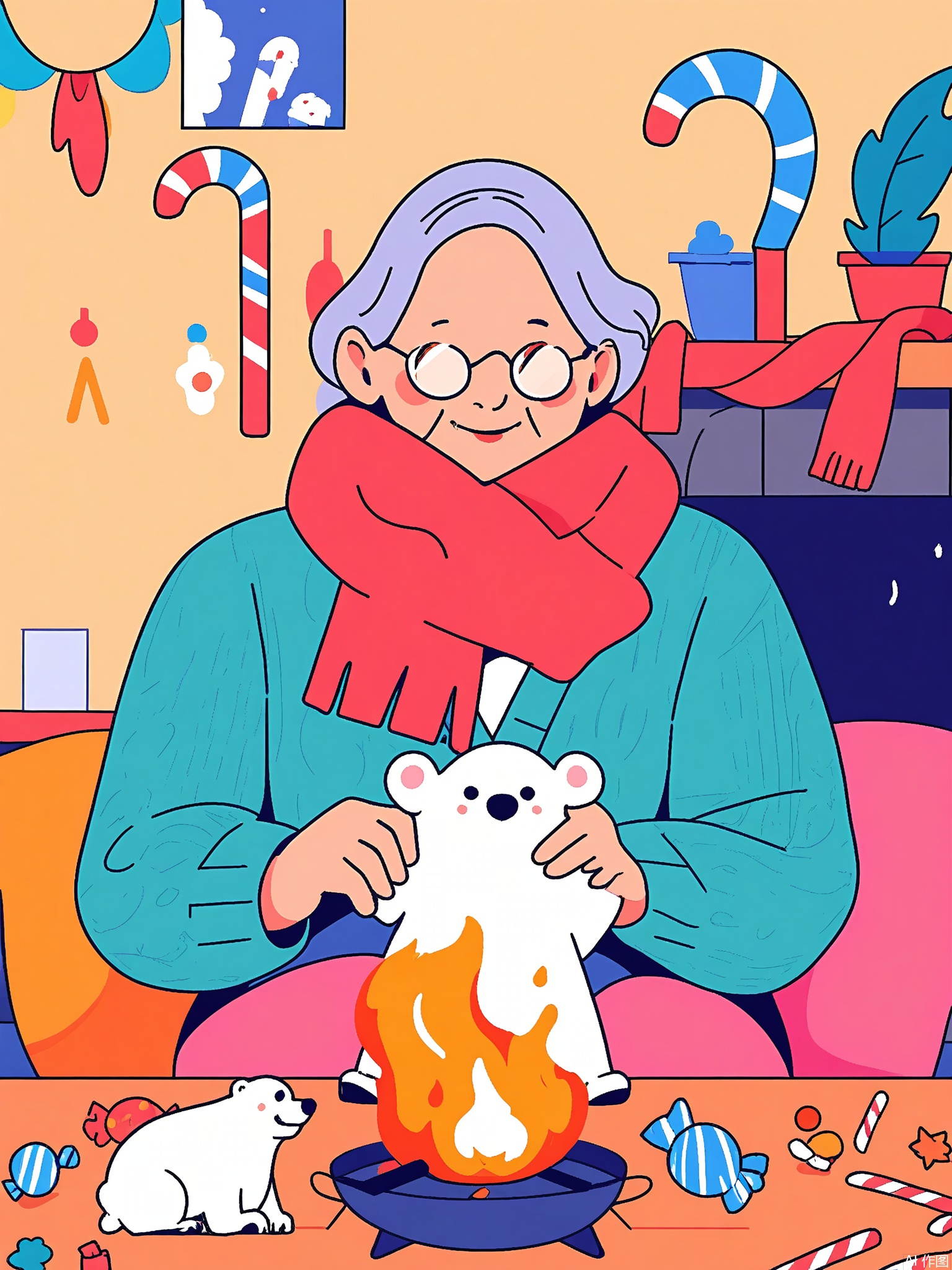 SLCH, An elderly woman in a peach-colored cardigan knits a scarf for a polar bear cub. They sit by a fireplace in a cabin made of gingerbread, with candy-cane curtains and marshmallow cushions.
