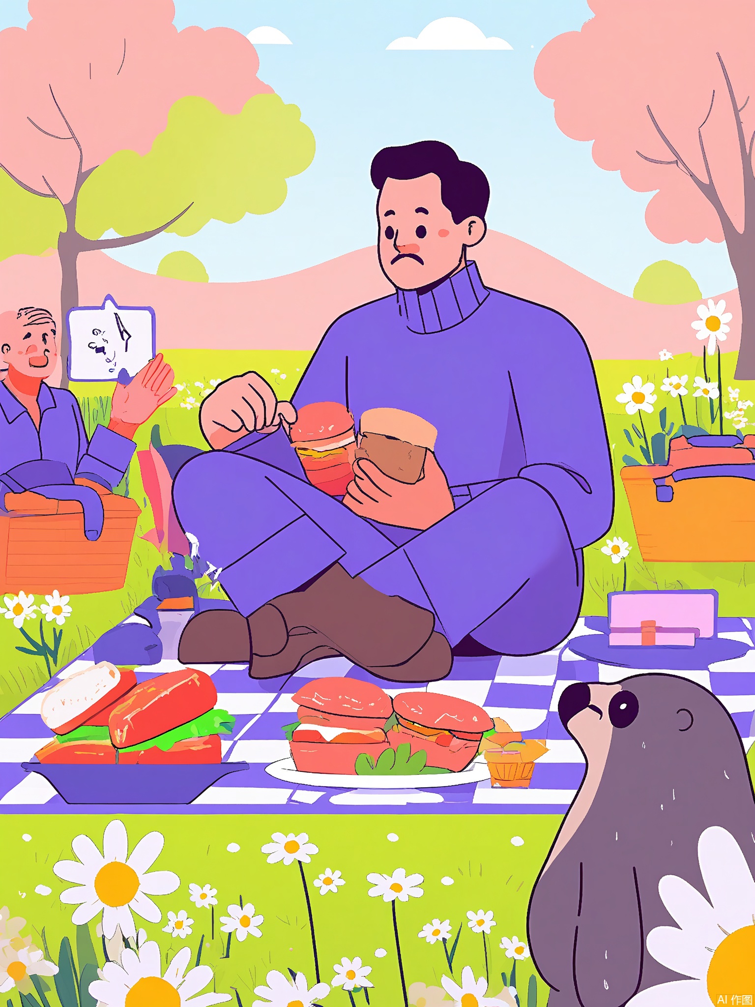SLCH, A bearded man in a coral-colored turtleneck holds a sloth wearing a tiny backpack. They sit on a checkered blanket in a meadow of floating daisies, with a picnic basket spilling geometric sandwiches.

