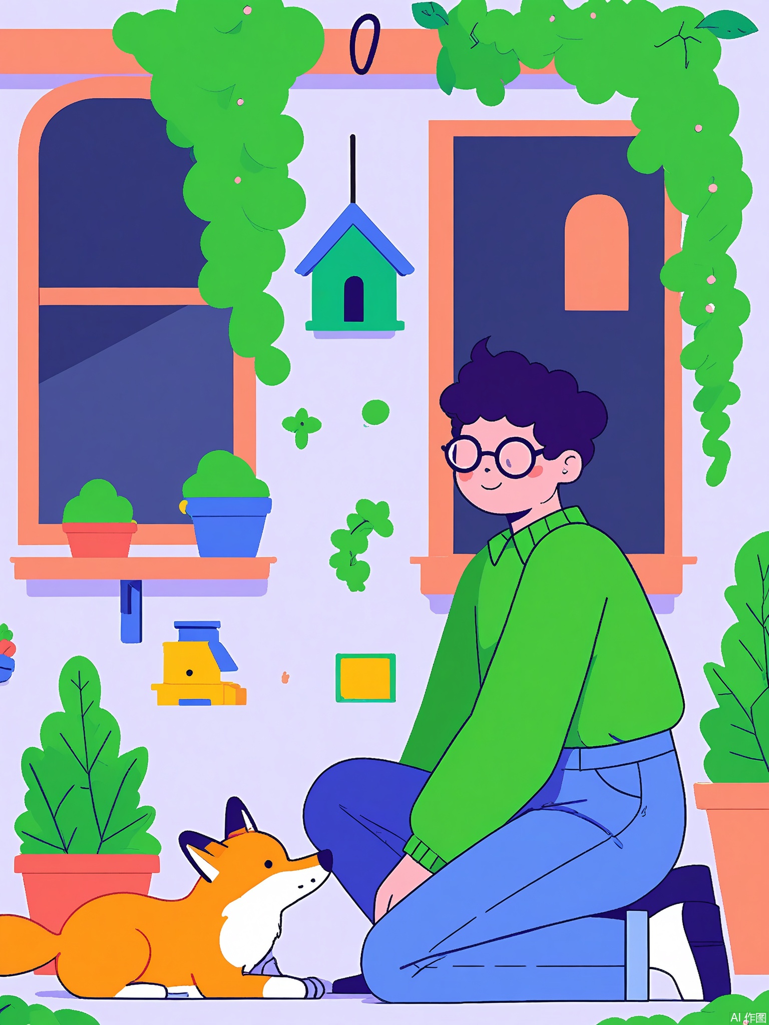 SLCH, A young man with curly auburn hair wearing a mint-green sweater and denim overalls kneels beside a fox cub wearing tiny glasses. They paint a wooden birdhouse together in a sunlit studio filled with clay pots and hanging ivy.
