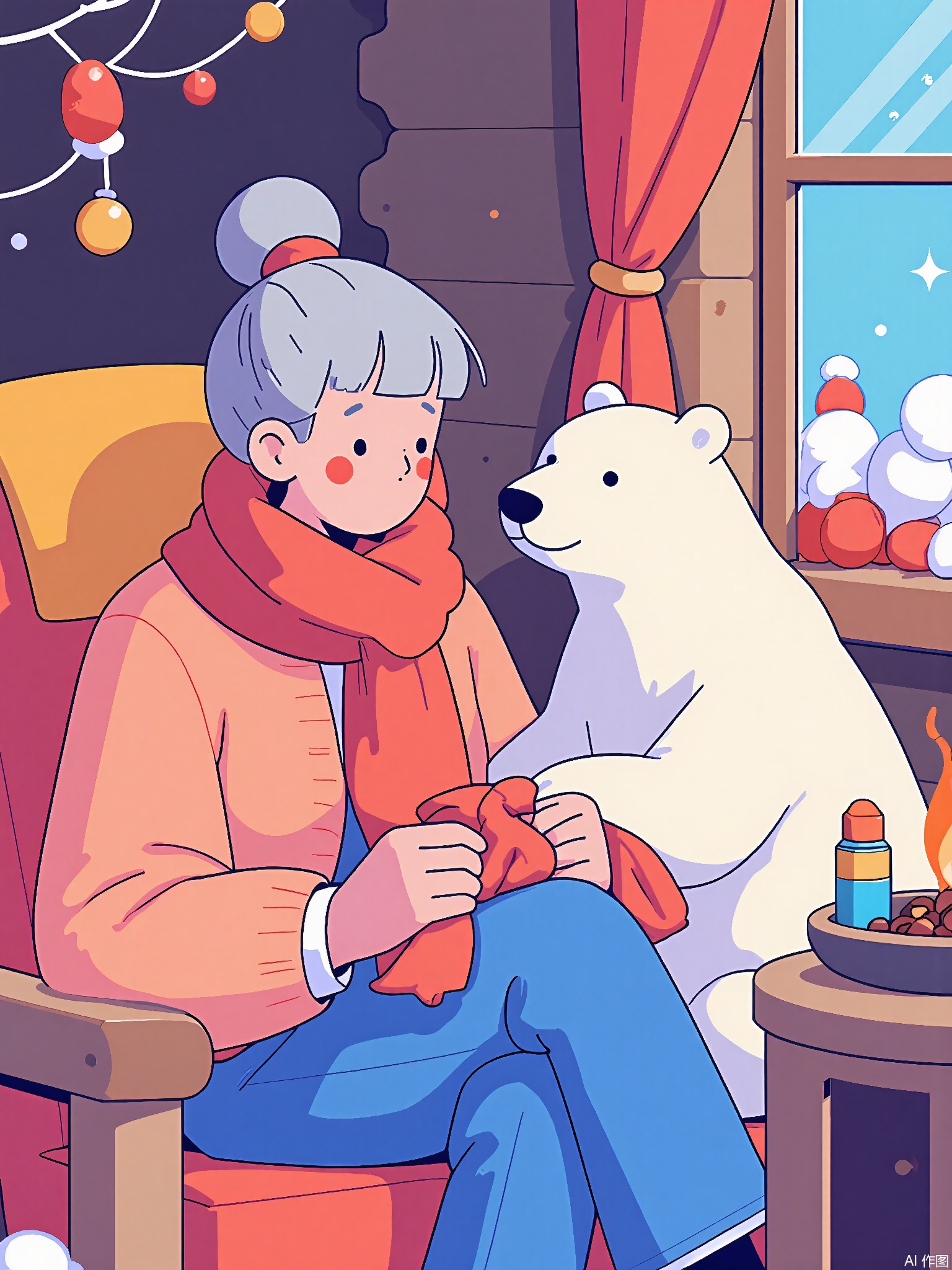 SLCH,
An elderly woman in a peach-colored cardigan knits a scarf for a polar bear cub. They sit by a fireplace in a cabin made of gingerbread, with candy-cane curtains and marshmallow cushions.
