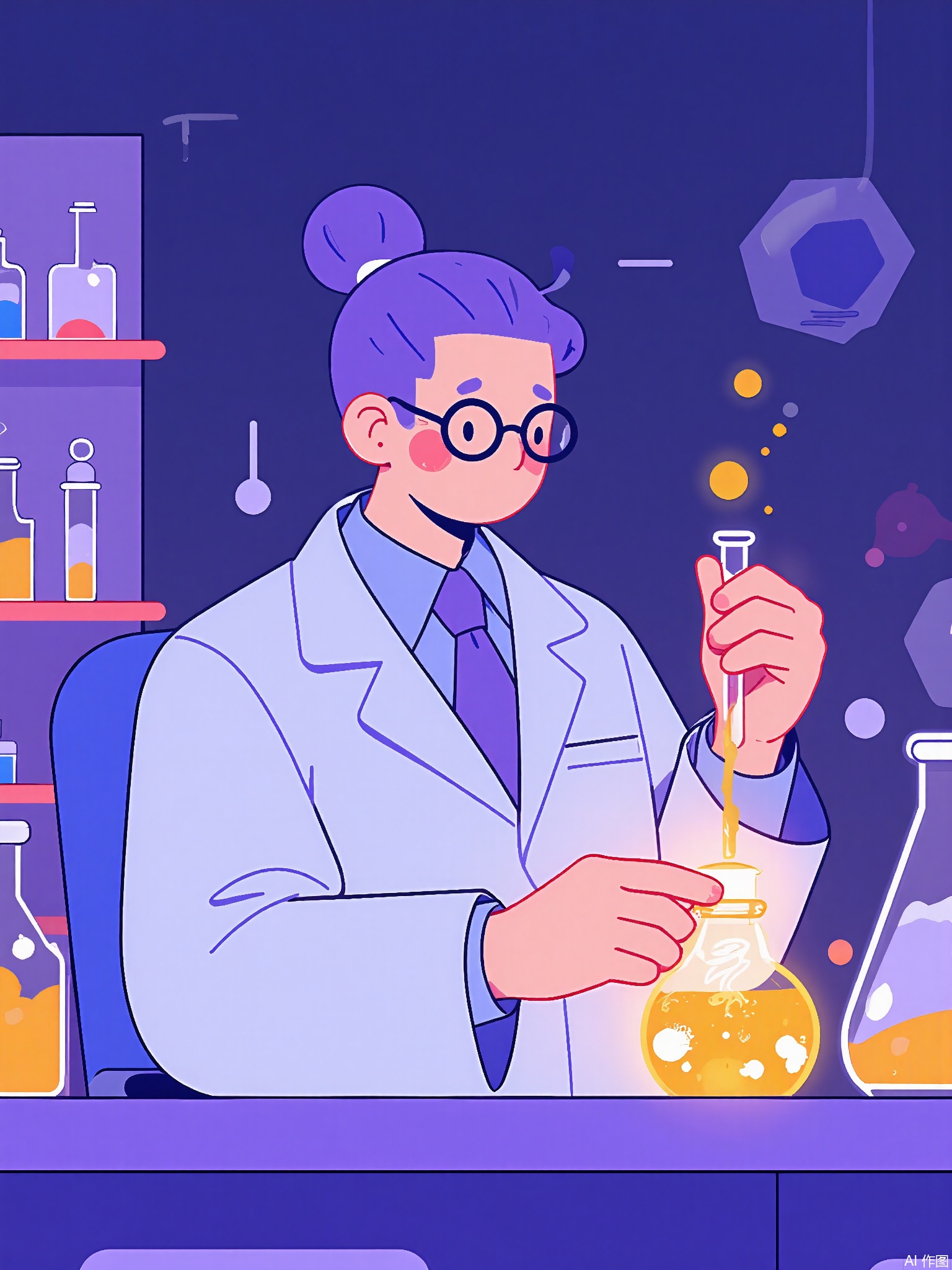 SLCH,
A scientist in a lavender lab coat experiments with a glowing firefly in a jar. The lab has walls made of honeycomb and beakers bubbling with stardust.
