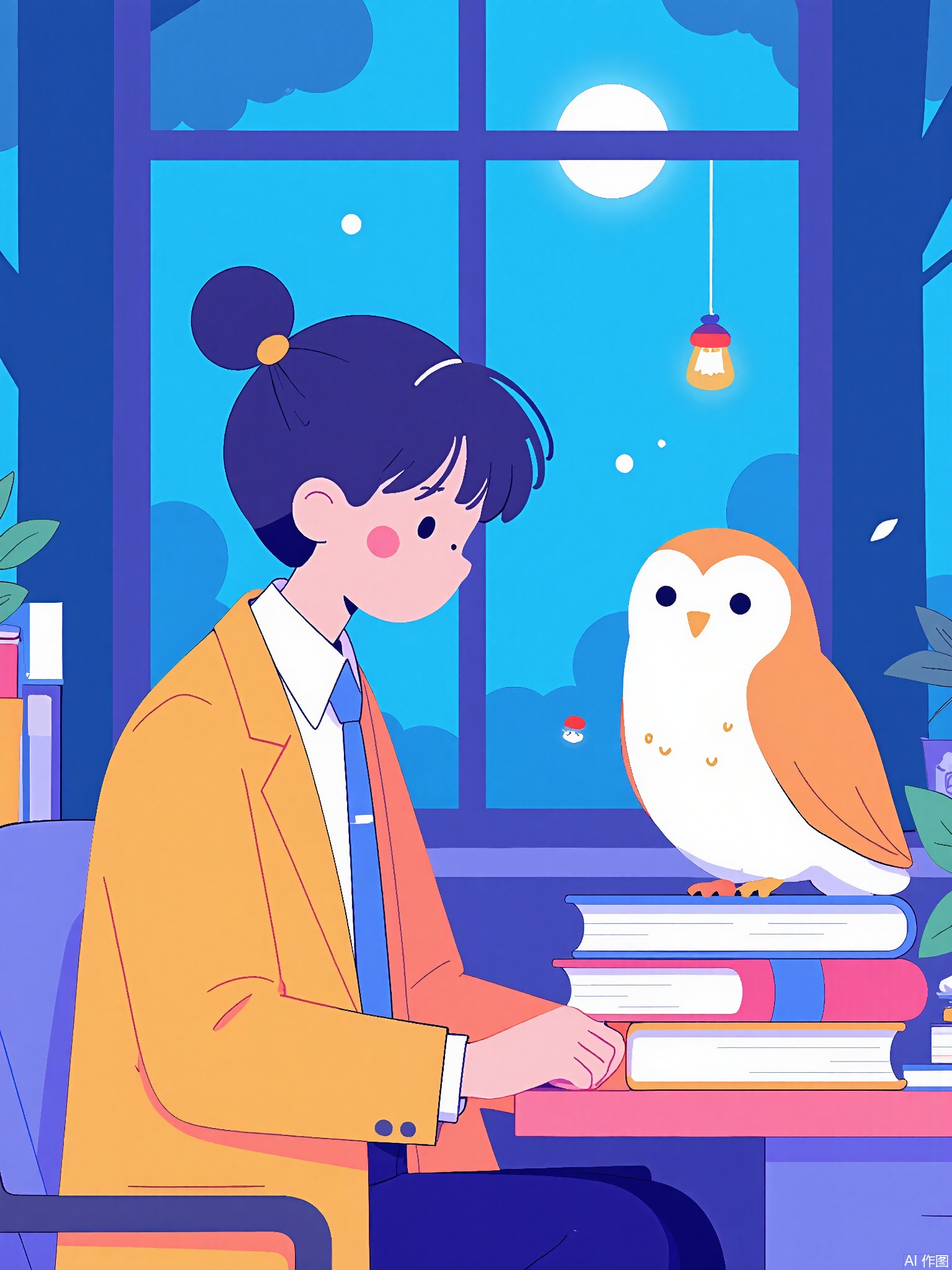 SLCH,
A student in a mustard-yellow blazer studies with a owl perched on a stack of books. The library window frames a moonlit forest with floating acorn lanterns.
