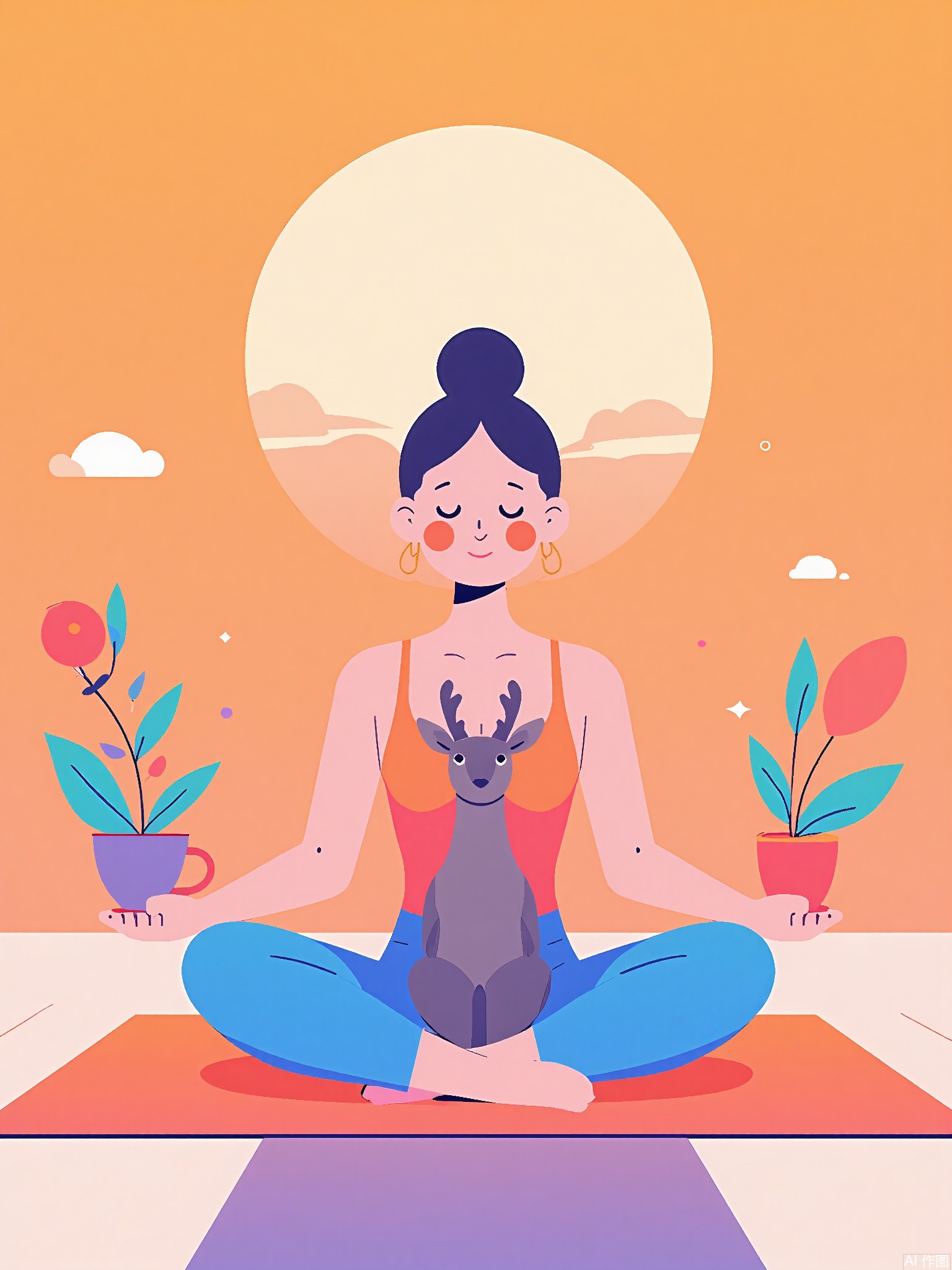 SLCH,
A yoga instructor in a sunset-orange leotard meditates with a deer in lotus pose. The studio is a giant peach with a sky view of floating islands shaped like yoga mats.
