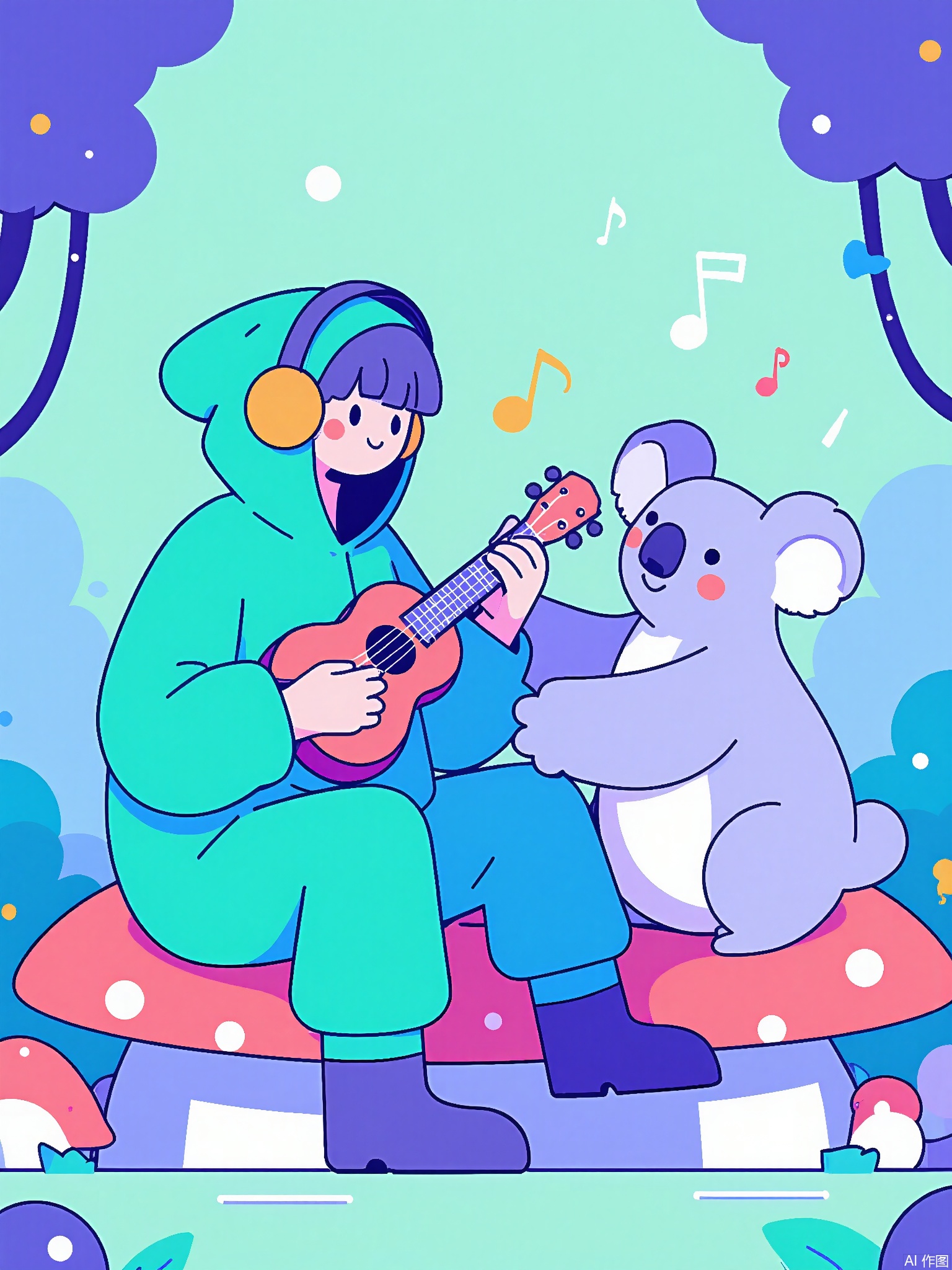 SLCH,
A musician in a mint-green onesie plays a ukulele with a koala wearing headphones. They sit on a mushroom stage in a forest where trees have musical note leaves.
