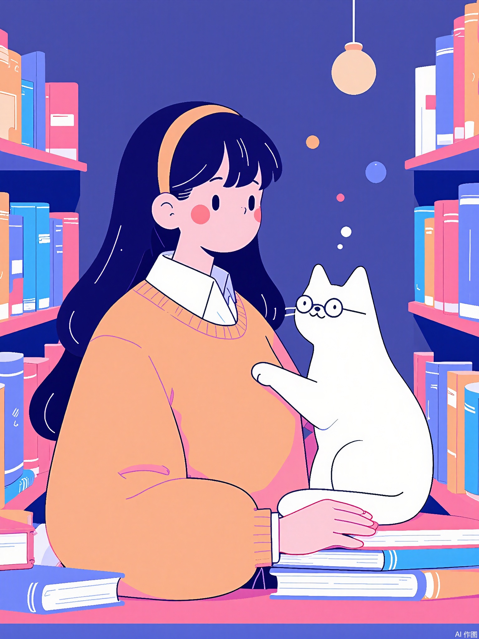 SLCH,
A librarian in a peach-colored sweater shelves books with a cat wearing tiny glasses. The library has staircases made of open books and chandeliers of glowing orbs.
