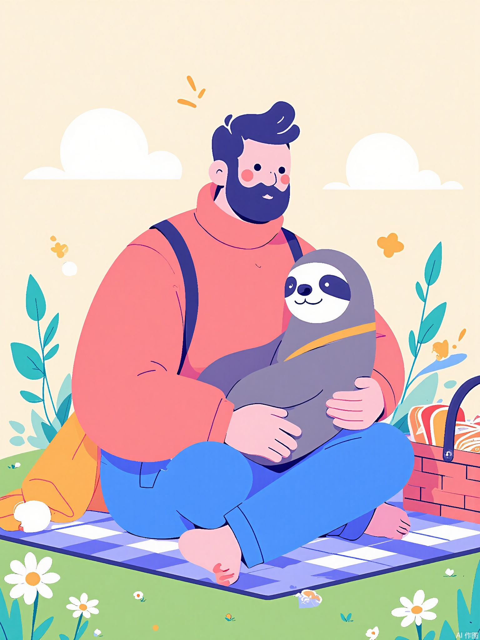 SLCH,
A bearded man in a coral-colored turtleneck holds a sloth wearing a tiny backpack. They sit on a checkered blanket in a meadow of floating daisies, with a picnic basket spilling geometric sandwiches.
