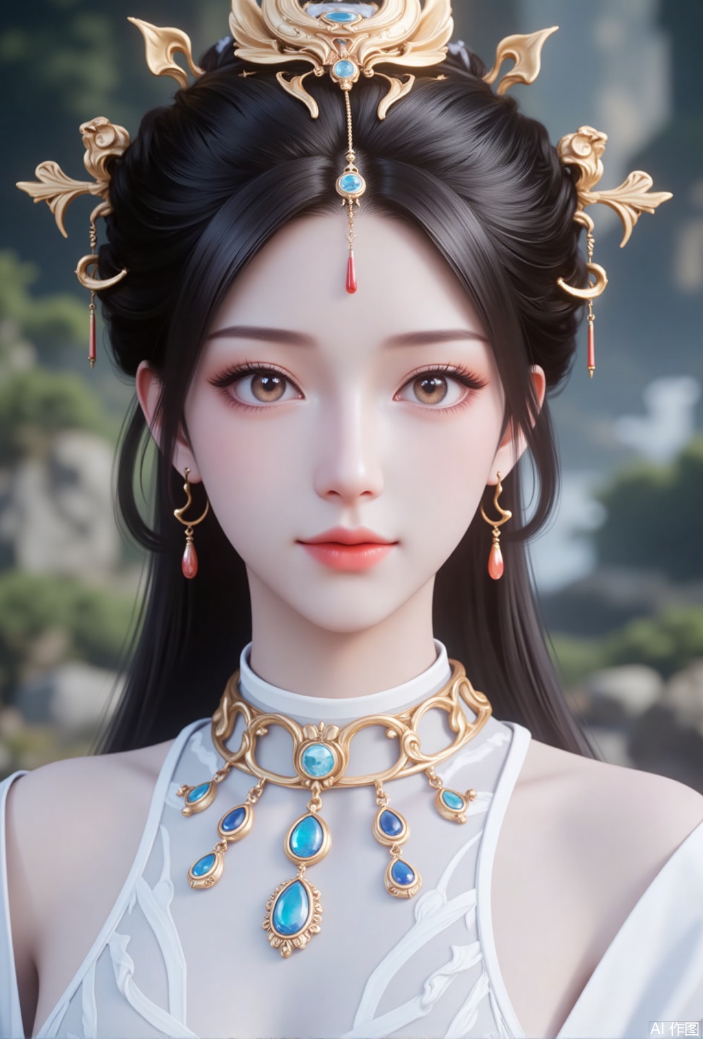 luxueqi,lvjing,yaochishengnv,
1girl,solo,jewelry,earrings,hair ornament,realistic,white dress,long hair,blurry background,closed mouth,upper body,necklace,brown hair,dress,forehead mark,portrait,looking at viewer,black hair,bare shoulders,1,cover,gradient background,close-up details,outstanding style,adding a touch of dimension to your images without compromising details,close-up,