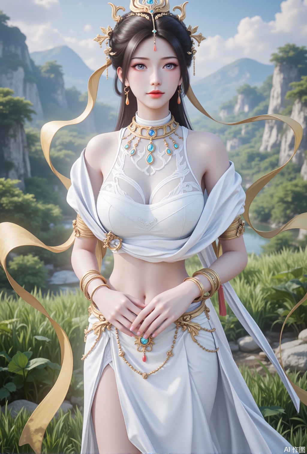 luxueqi,lvjing,yaochishengnv,
1girl,jewelry,solo,earrings,bracelet,realistic,blue eyes,navel,hair ornament,skirt,grass,midriff,brown hair,looking at viewer,white skirt,shawl,black hair,nature,outdoors,standing,7,cover,gradient background,close-up details,outstanding style,adding a touch of dimension to your images without compromising details,close-up