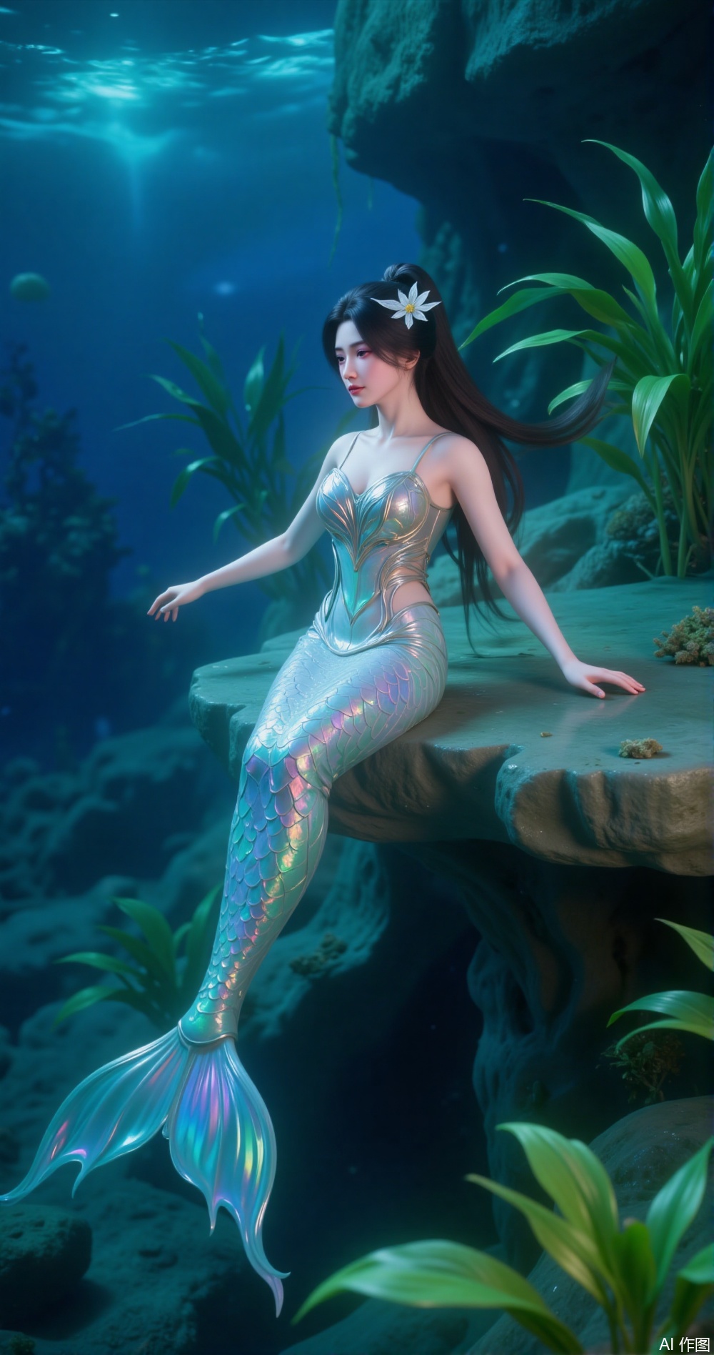 Mermaid costume
The image is a digital illustration of a mermaid sitting on the edge of a body of water
The mermaid is wearing a long, flowing mermaid tail that is covered in a rainbow-colored sequin pattern
She has long dark hair that is styled in a high ponytail with a white flower in her hair
She is sitting with her arms stretched out to the sides and her legs slightly bent at the knees
The water is a deep blue and there are green plants and rocks visible in the background
The overall mood of the image is peaceful and serene.