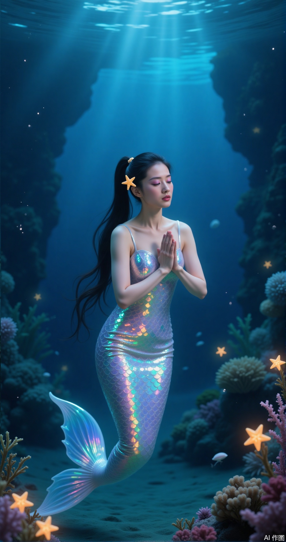 Mermaid costume The image is a digital illustration of a mermaid sitting on the bottom of an underwater scene The mermaid is wearing a long, flowing mermaid tail with a rainbow-colored sequin pattern She has long dark hair tied up in a ponytail with a starfish in her hair Her eyes are closed and her hands are clasped together in a prayer-like gesture The background is filled with coral reefs and starfish, creating a beautiful and serene atmosphere The overall mood of the image is peaceful and dreamlike.