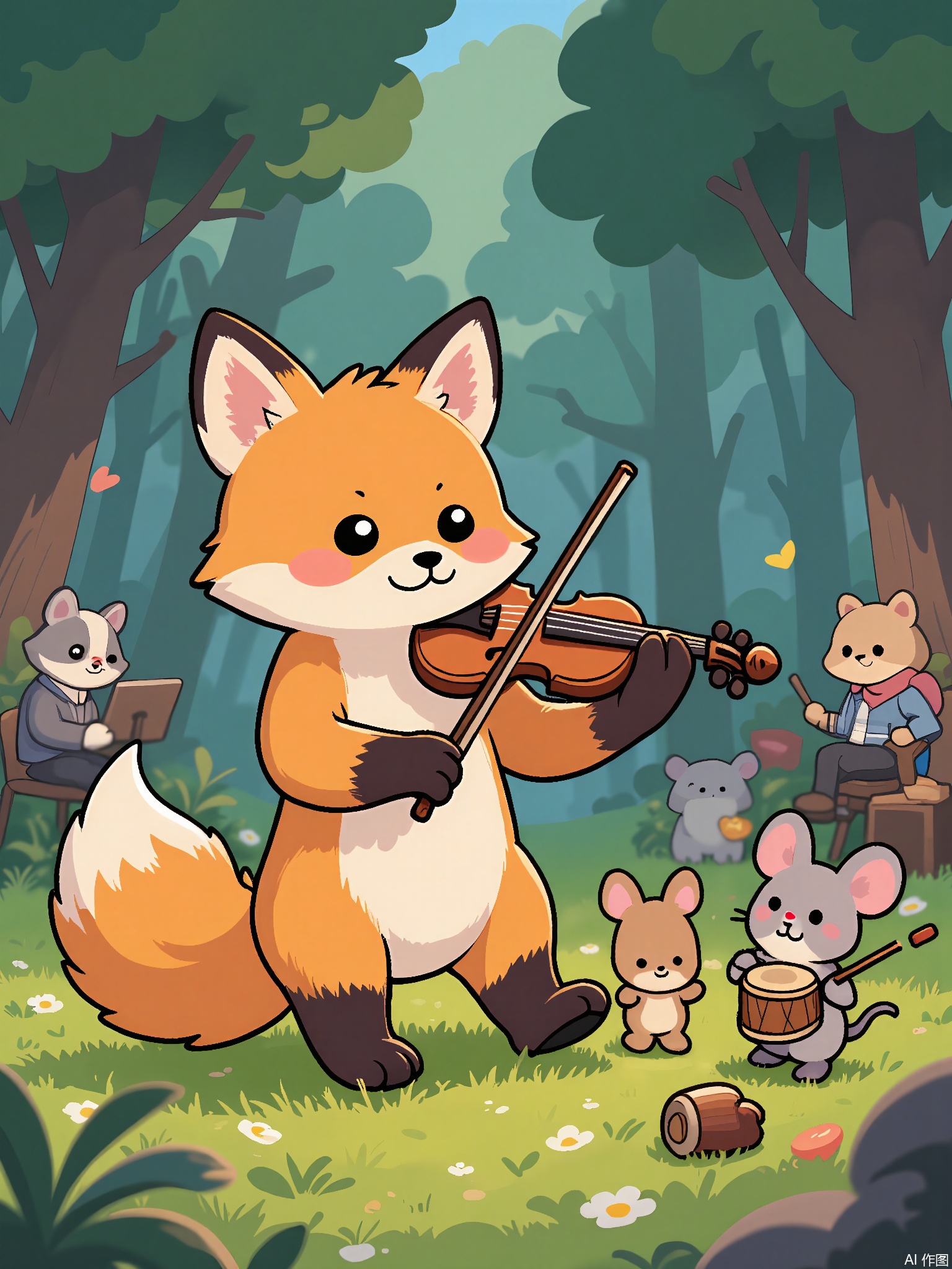 ZYF,
A fox cub plays a tiny violin made of twine and acorns on a mossy stage. The audience includes a badger conductor, rabbit cellists, and a family of mice tap-dancing on acorn drums.
