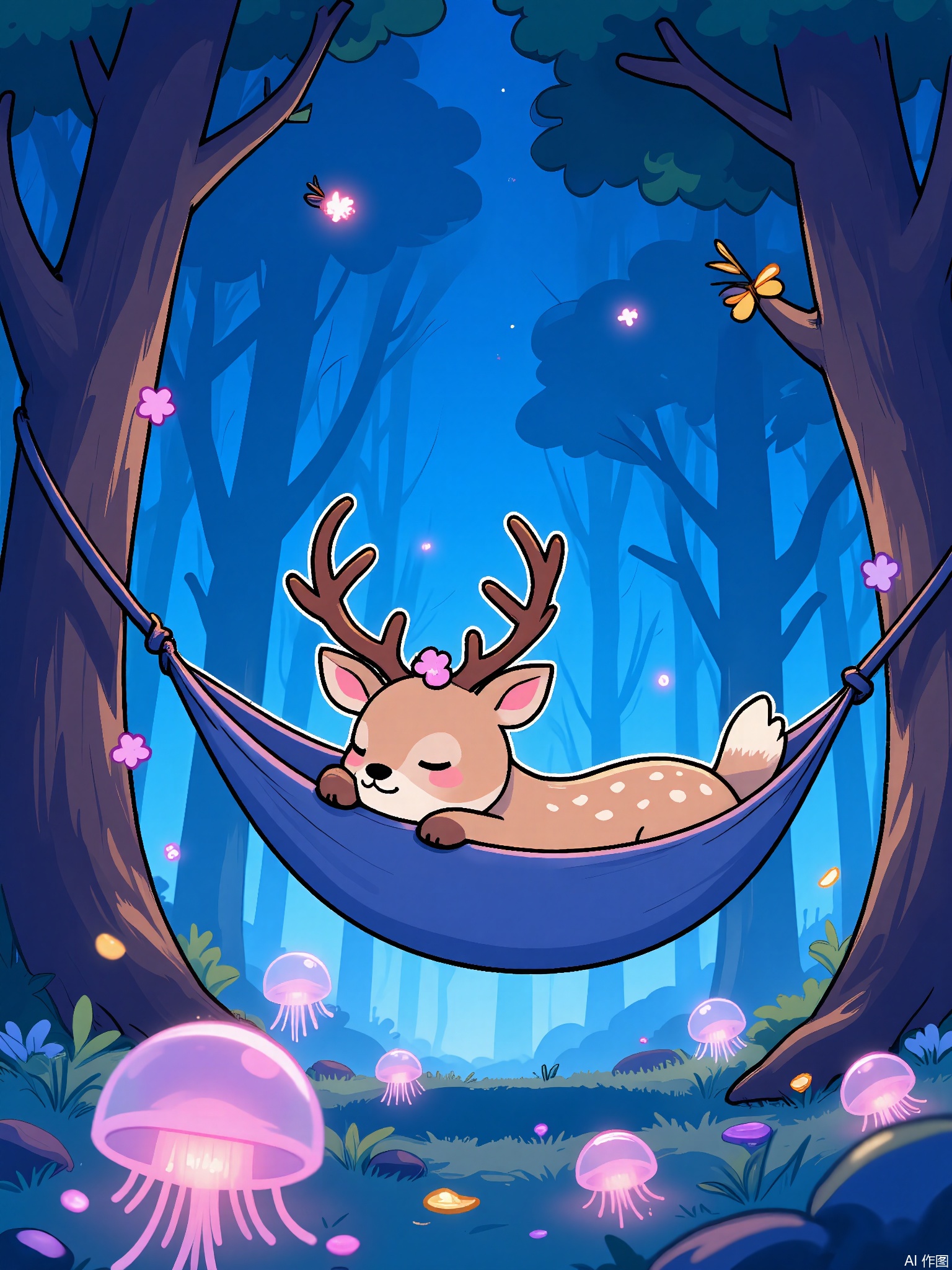 ZYF,
A deer with cherry blossom antlers naps in a hammock strung between two glowing jellyfish trees. The forest floor is carpeted with translucent jellyfish bells pulsating softly, while bioluminescent fireflies form a crown above its head.
