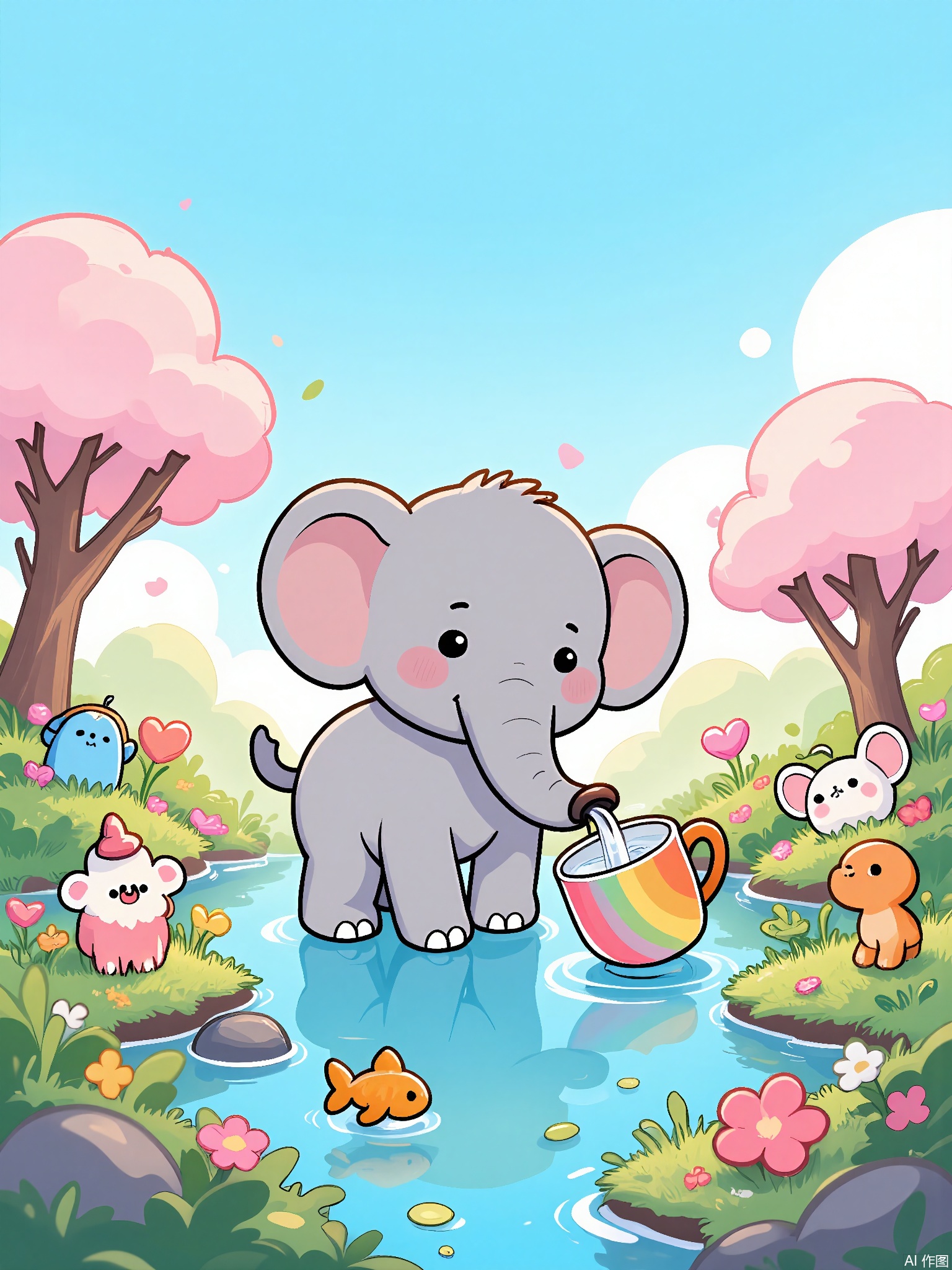 ZYF,
A tiny elephant with a rainbow trunk waters a garden of floating islands. Each island hosts a different ecosystem: one has cherry blossom trees with cotton-candy blooms, another holds a teacup pond with origami fish.

