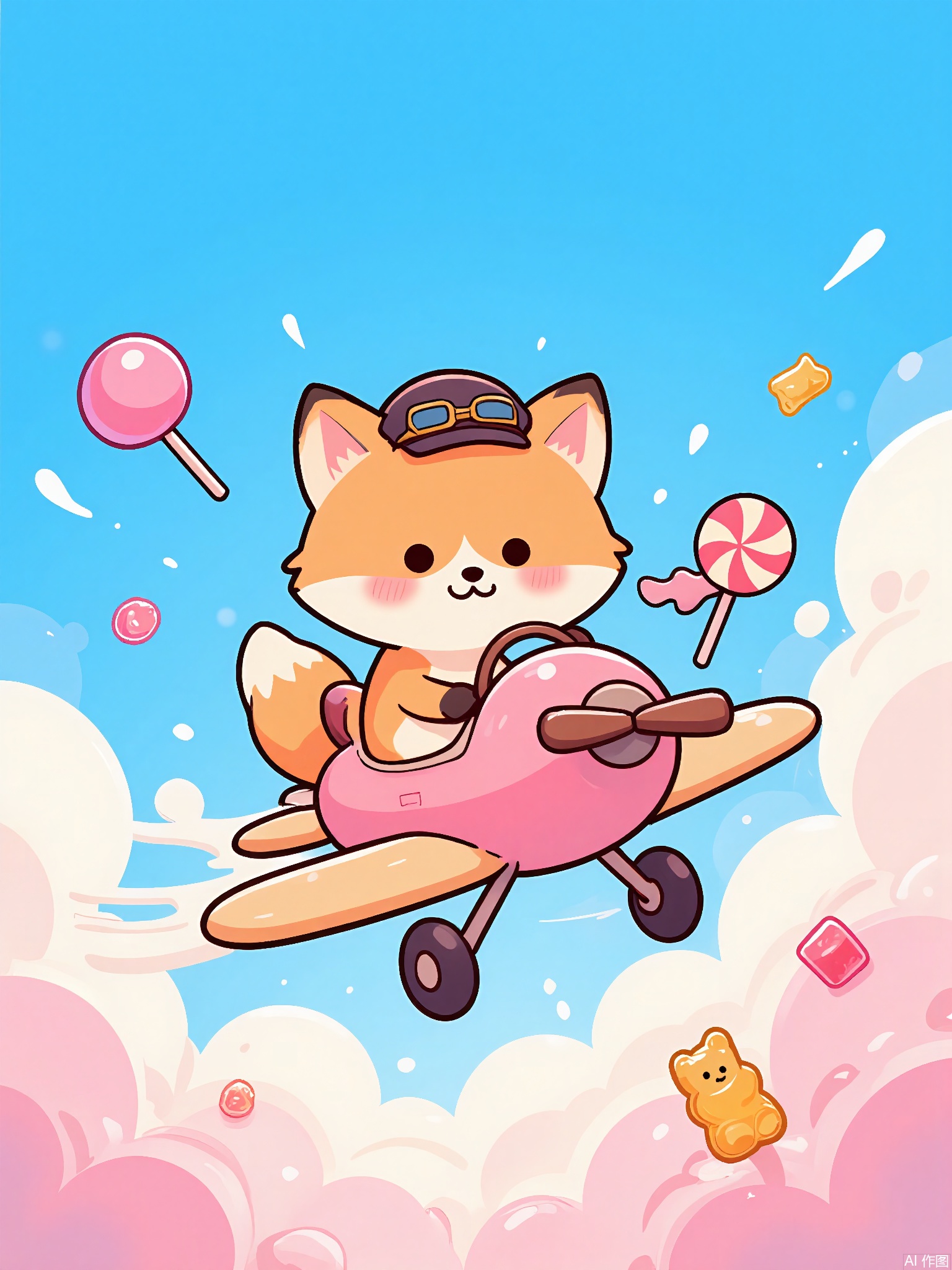ZYF,
A fox in a tiny pilot’s cap steers a biplane through a sky of swirling cotton candy clouds. The plane’s propeller is a spinning lollipop, and clouds rain down gummy bear hailstones.
