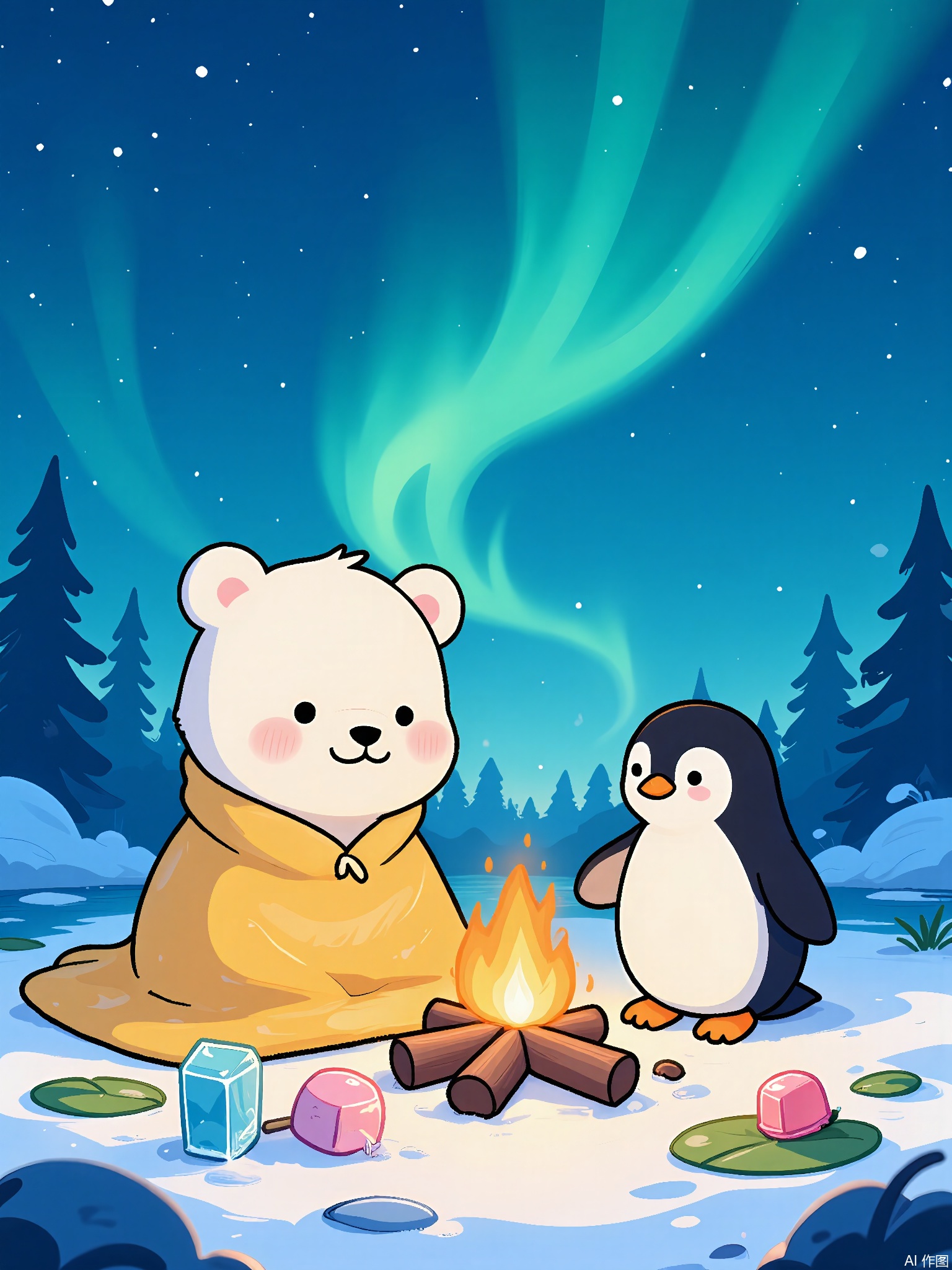 ZYF,
A polar bear cub and a penguin share a blanket under a northern lights sky. They roast marshmallows on a stick over a campfire made of ice crystals, while aurora-green light reflects on a frozen lake dotted with glowing lily pads.
