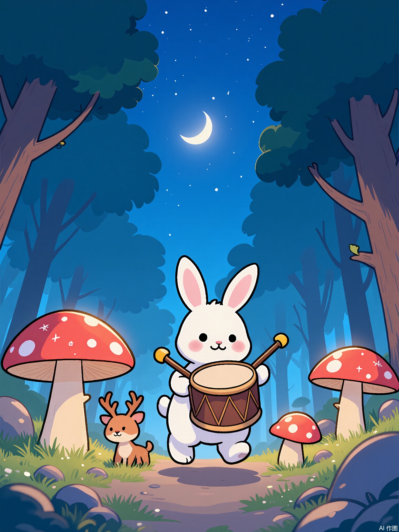ZYF,
A white rabbit with a drum leads a parade of glowing mushrooms through a moonlit forest. The mushrooms’ caps display constellations, and a family of deer with starry antlers follow behind.
