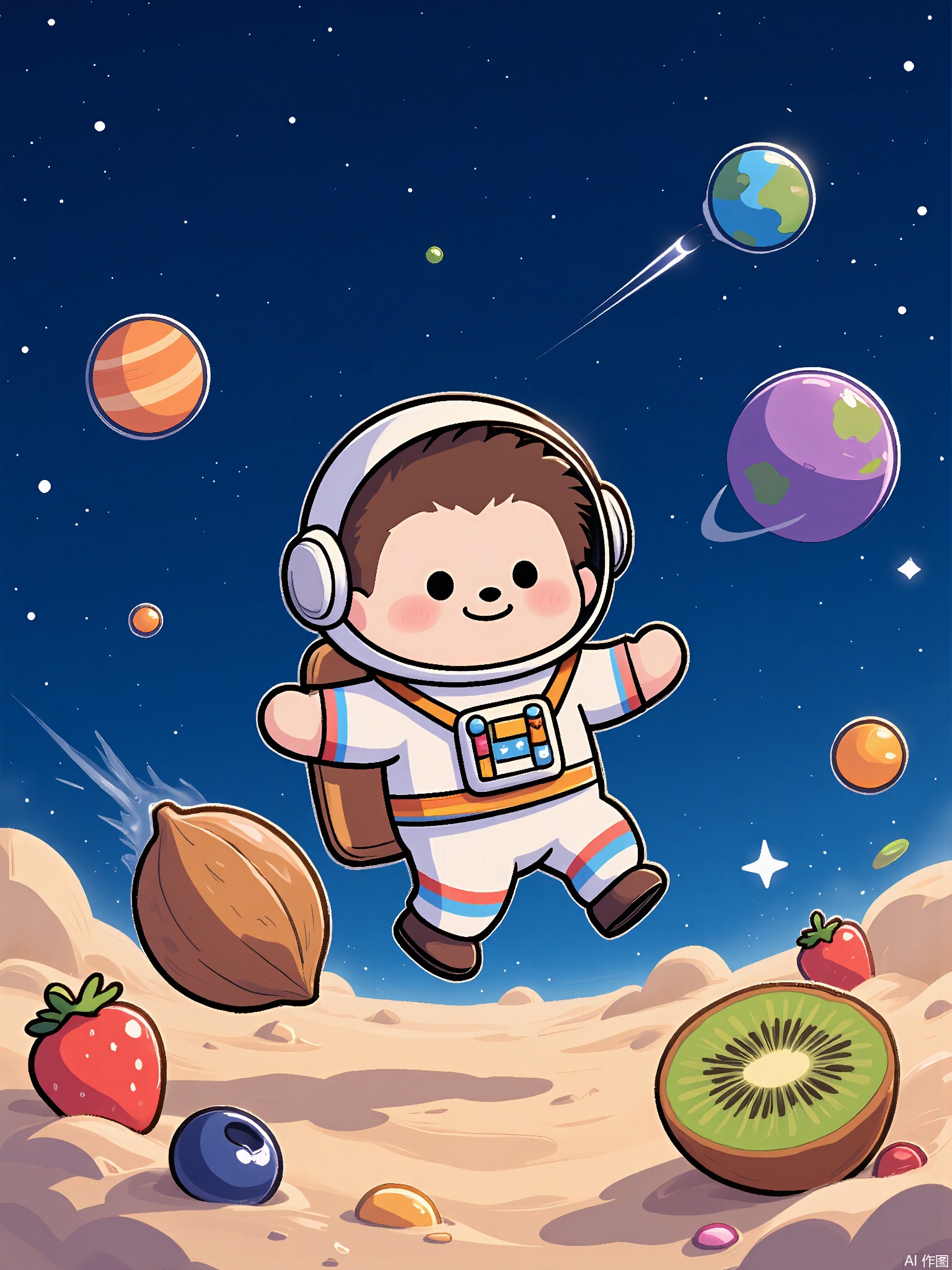 ZYF,
A hedgehog in a tiny astronaut suit floats near a space station shaped like a walnut. The station’s windows show planets made of fruit: a strawberry Mars, a kiwi Jupiter, and a blueberry Earth. A comet made of sparkling water trails behind.
