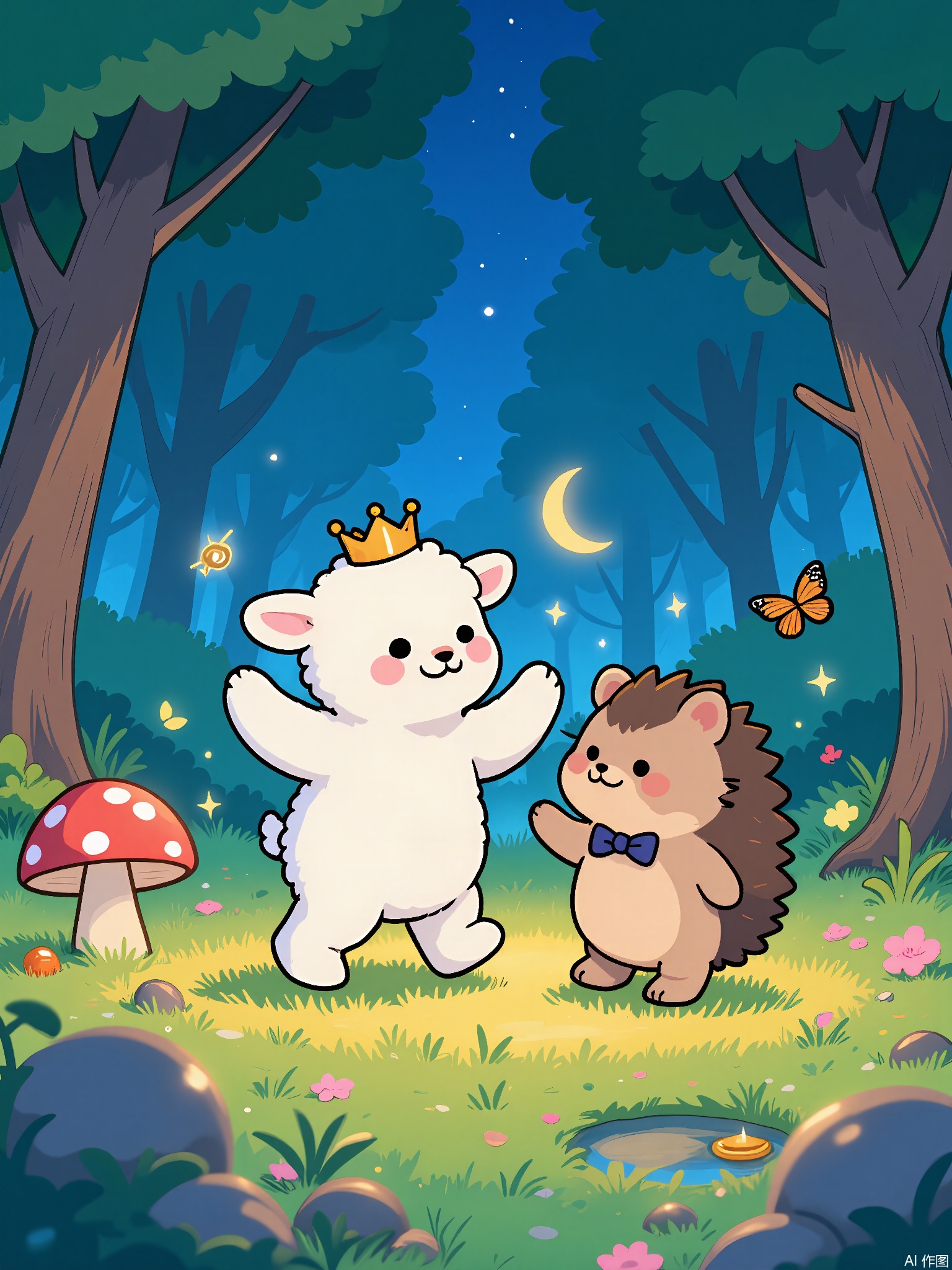 ZYF,A fluffy white lamb in a tiny crown dances with a hedgehog wearing a bow tie under a crescent moon. They twirl around a glowing mushroom stage, while fireflies form sparkling streamers. The forest background features weeping willow trees with lantern-lit leaves and a pond reflecting starry skies.
