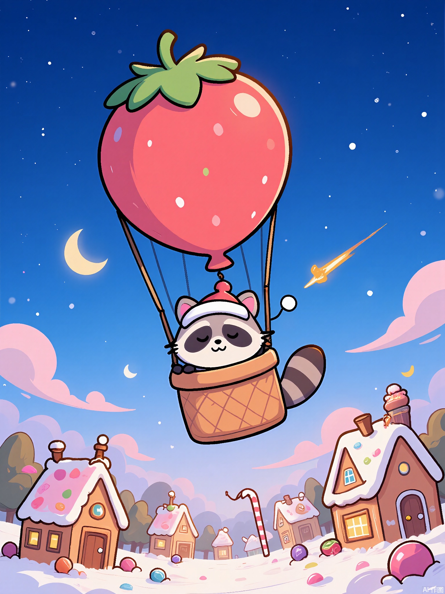 ZYF,
A sleepy raccoon in a nightcap floats in a hot air balloon shaped like a strawberry. Below, a candy-colored village with gingerbread houses and licorice roofs sleeps under a twilight sky. A shooting star leaves a trail of sprinkles.
