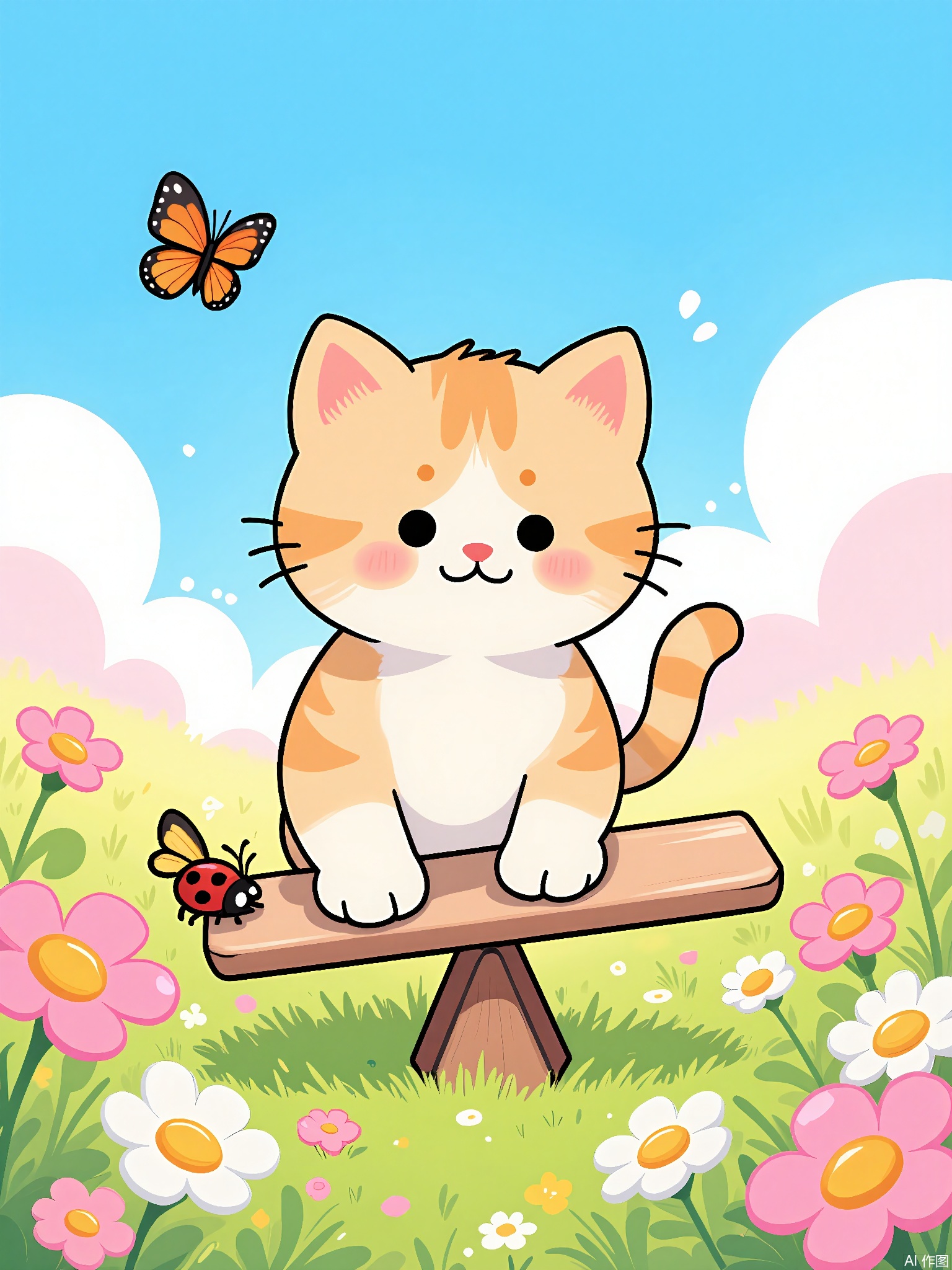 ZYF,
A kitten with oversized paws balances on a rainbow-colored seesaw in a meadow of giant daisies. A ladybug perches on its tail, and butterflies with translucent wings flutter around cotton-candy clouds.
