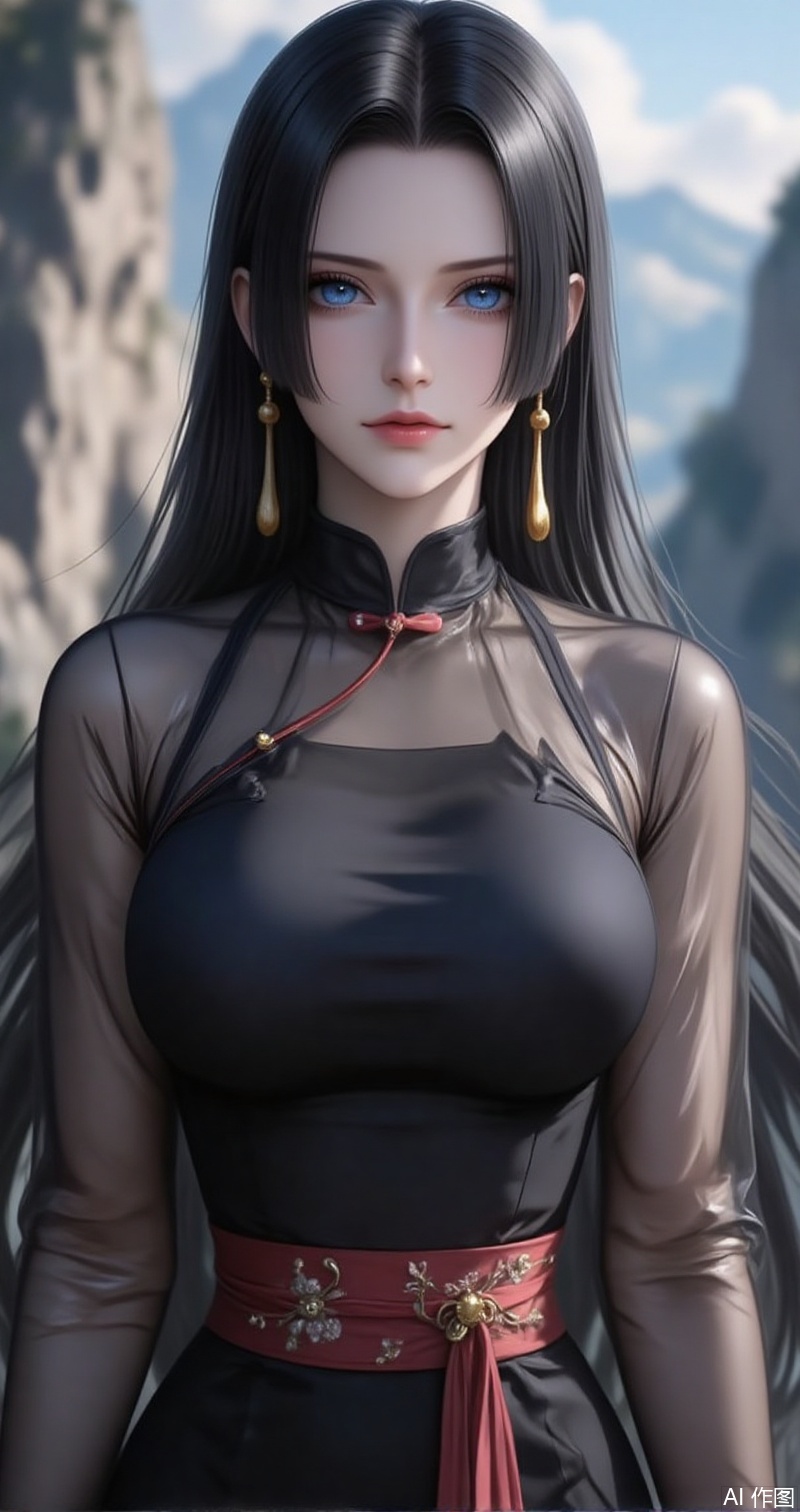 nvdi,lvjing,lvjing,baoshi,
black hair,long hair,blue eyes,fair_skin,
1girl, solo, see-through, rock, breasts, blurry background, outdoors, blurry, long sleeves, sash, chinese clothes, standing, large breasts, see-through sleeves,5