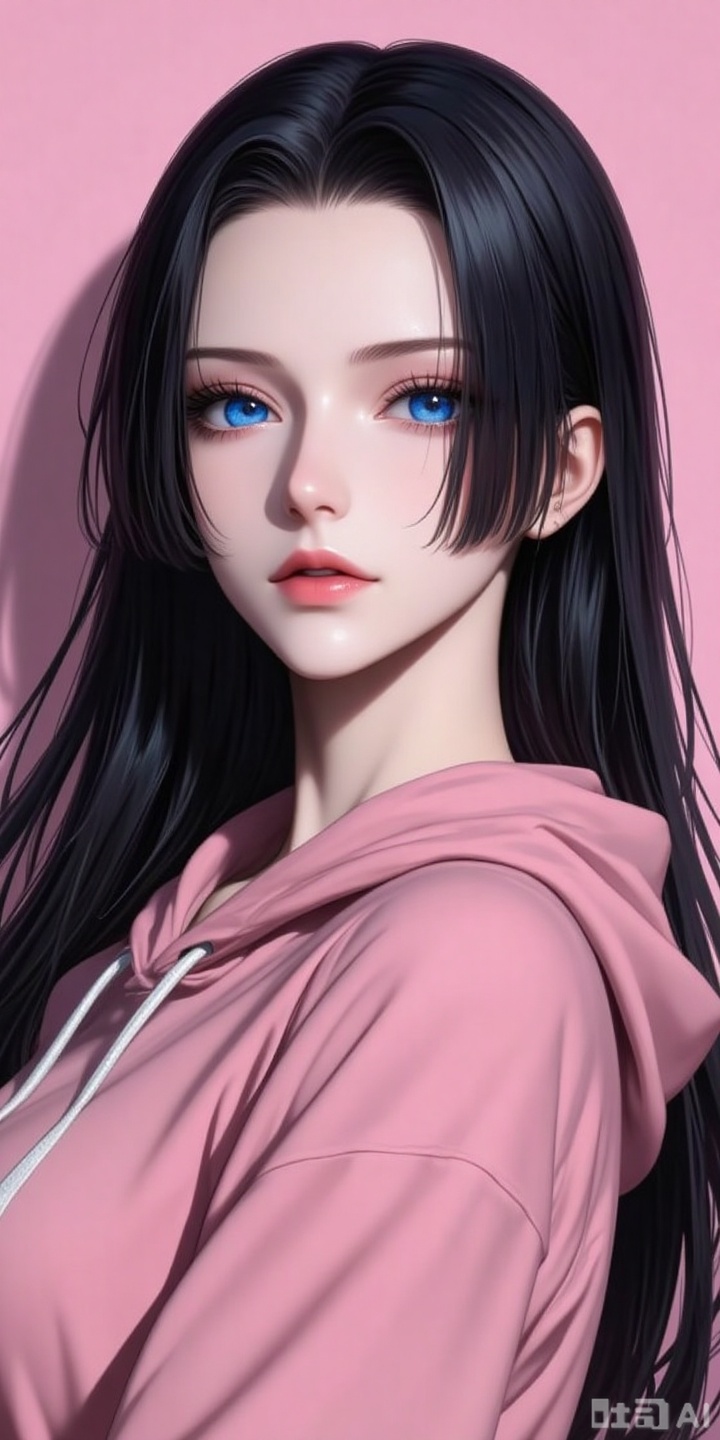 nvdi,lvjing,lvjing,baoshi, black hair,long hair,blue eyes,fair_skin, 
1girl,hoodie,upper_body,
pink_background,simple background,shadow