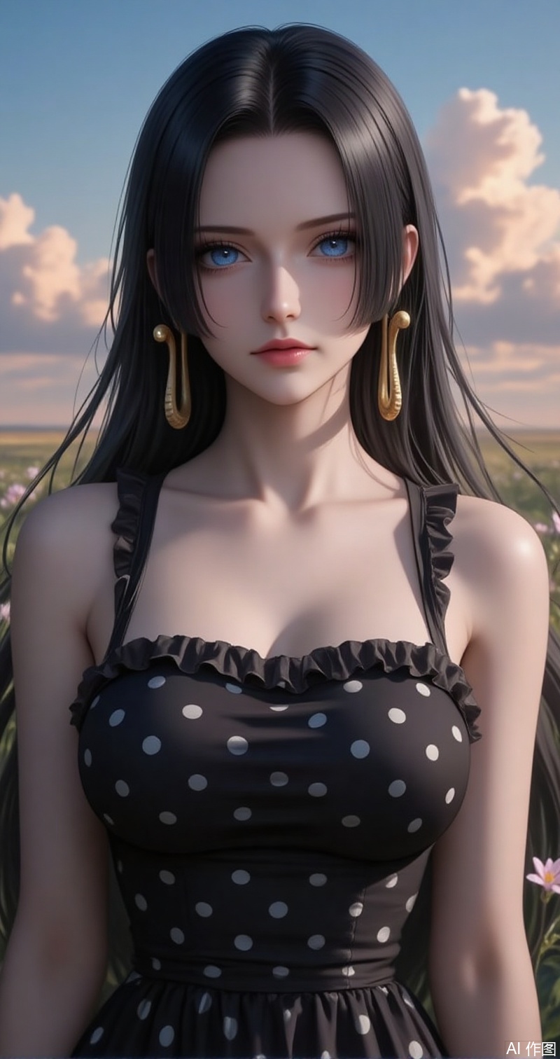 nvdi,lvjing,lvjing,baoshi,
black hair,long hair,blue eyes,fair_skin,
1girl, breasts, solo, dress, polka dot, flower, sleeveless, large breasts, outdoors, bare shoulders, sky, polka dot dress, sleeveless dress, black dress, bare arms, frills, cloud, lips, sunset, arms at sides, grass, field,23